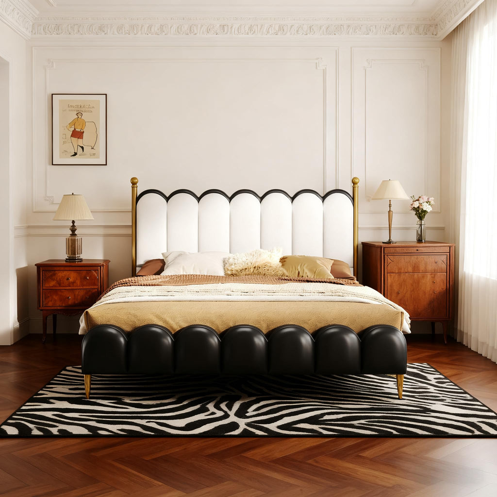 White Black Faux Leather Queen Platform Bed Frame