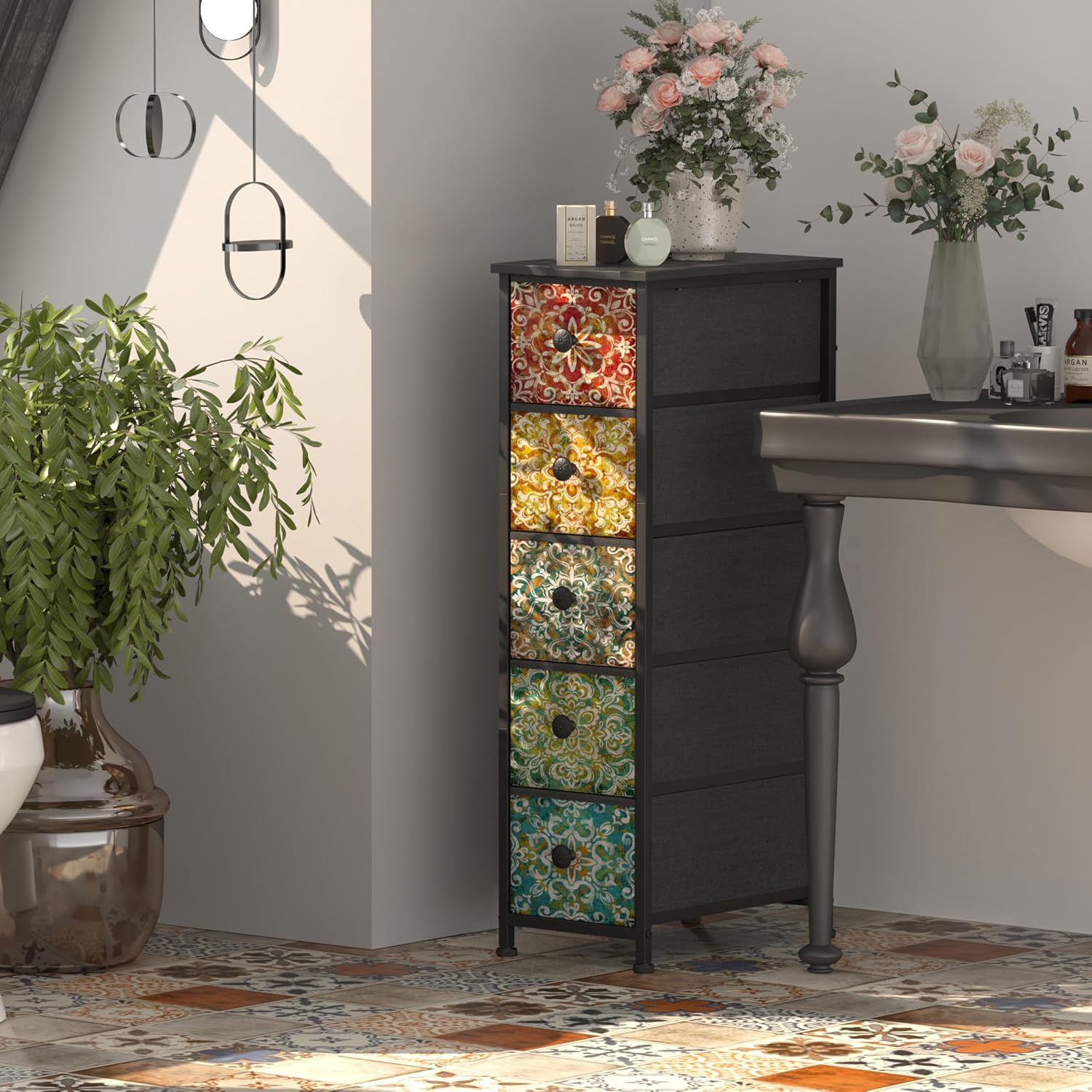 Retro Mandala Slim Narrow Fabric Drawer Storage Dresser