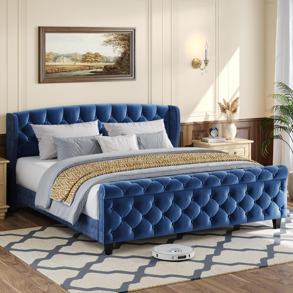 Turquoise Velvet King Sleigh Bed Wingback Tufted Design