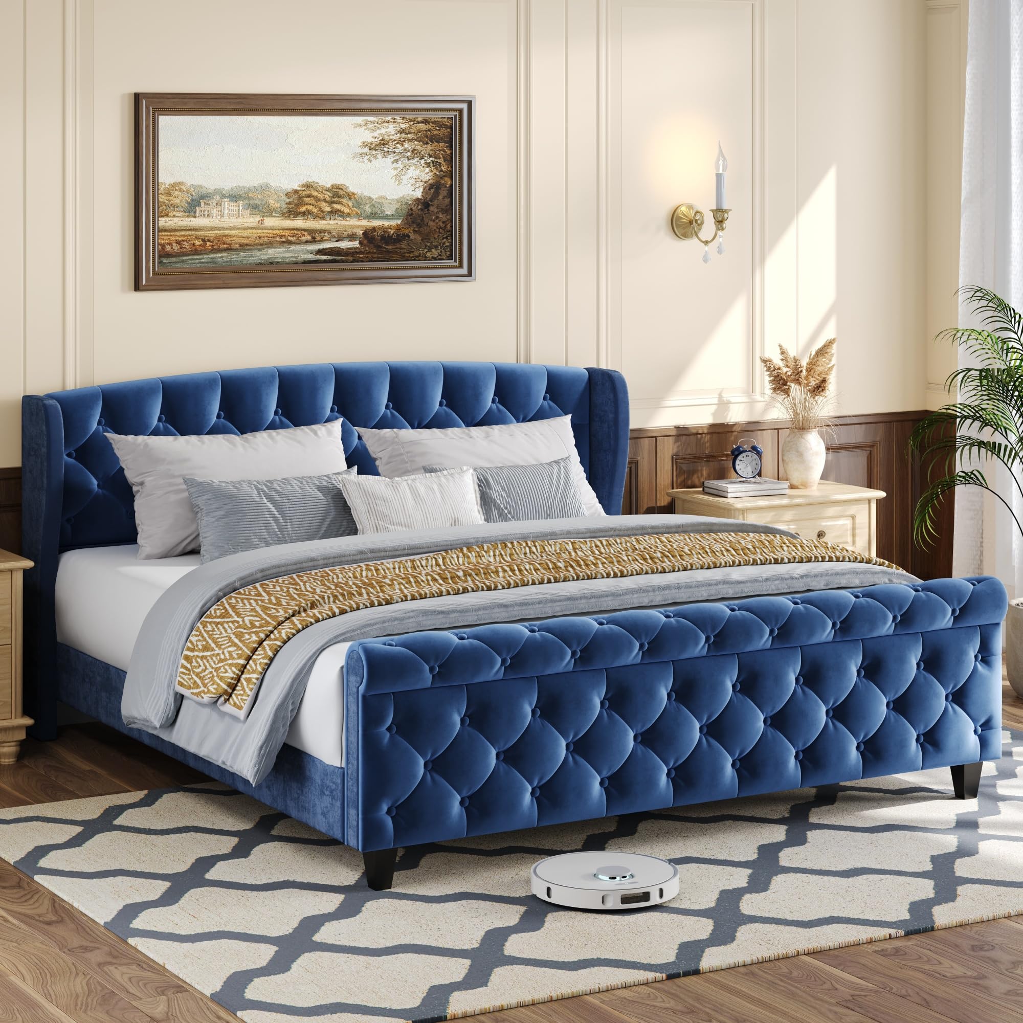 Turquoise Velvet King Sleigh Bed Wingback Tufted Design