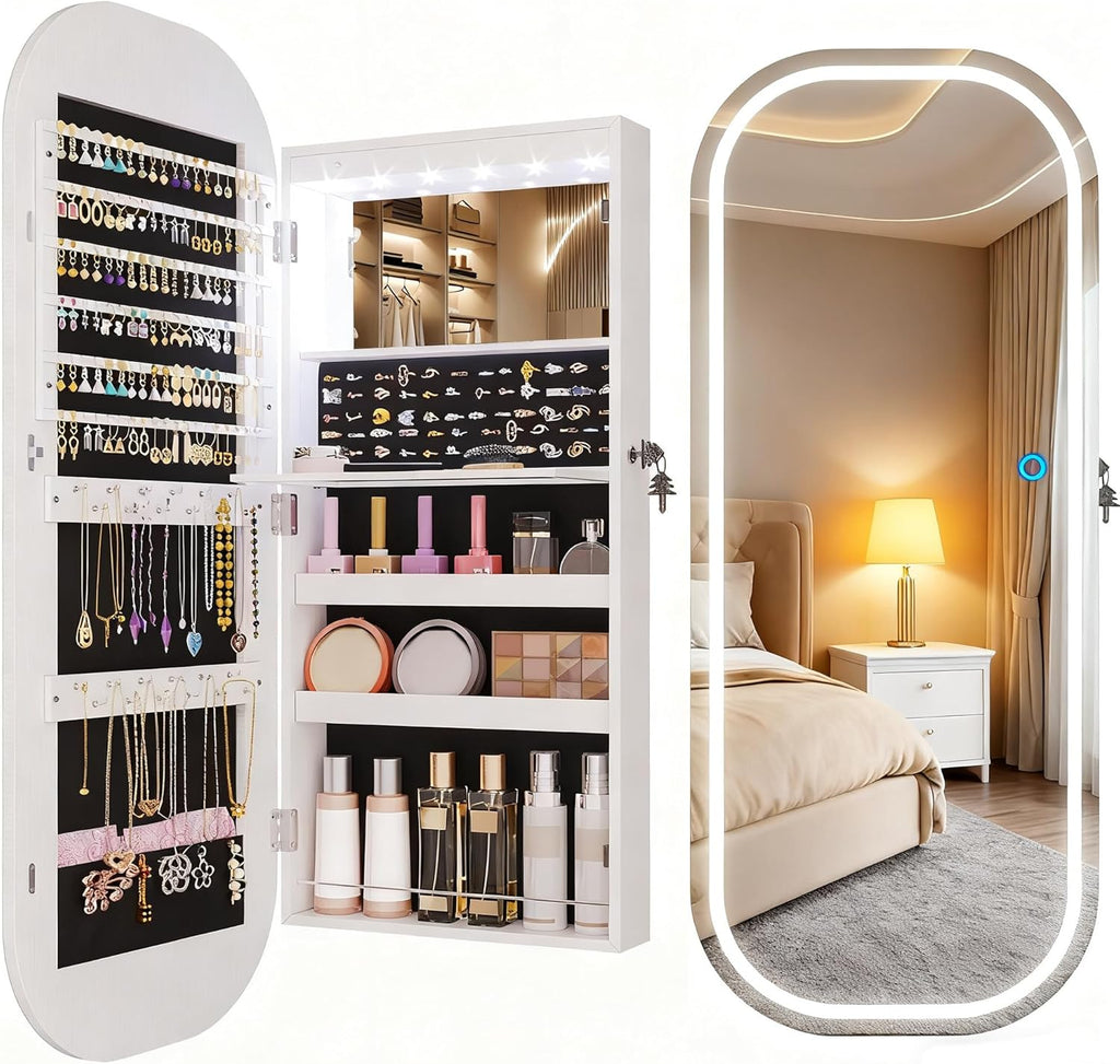 LED Lockable White Full Length Mounted Jewelry Armoire