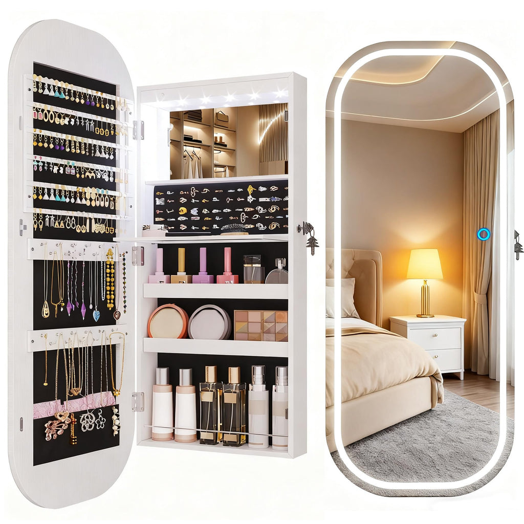 LED Lockable White Full Length Mounted Jewelry Armoire