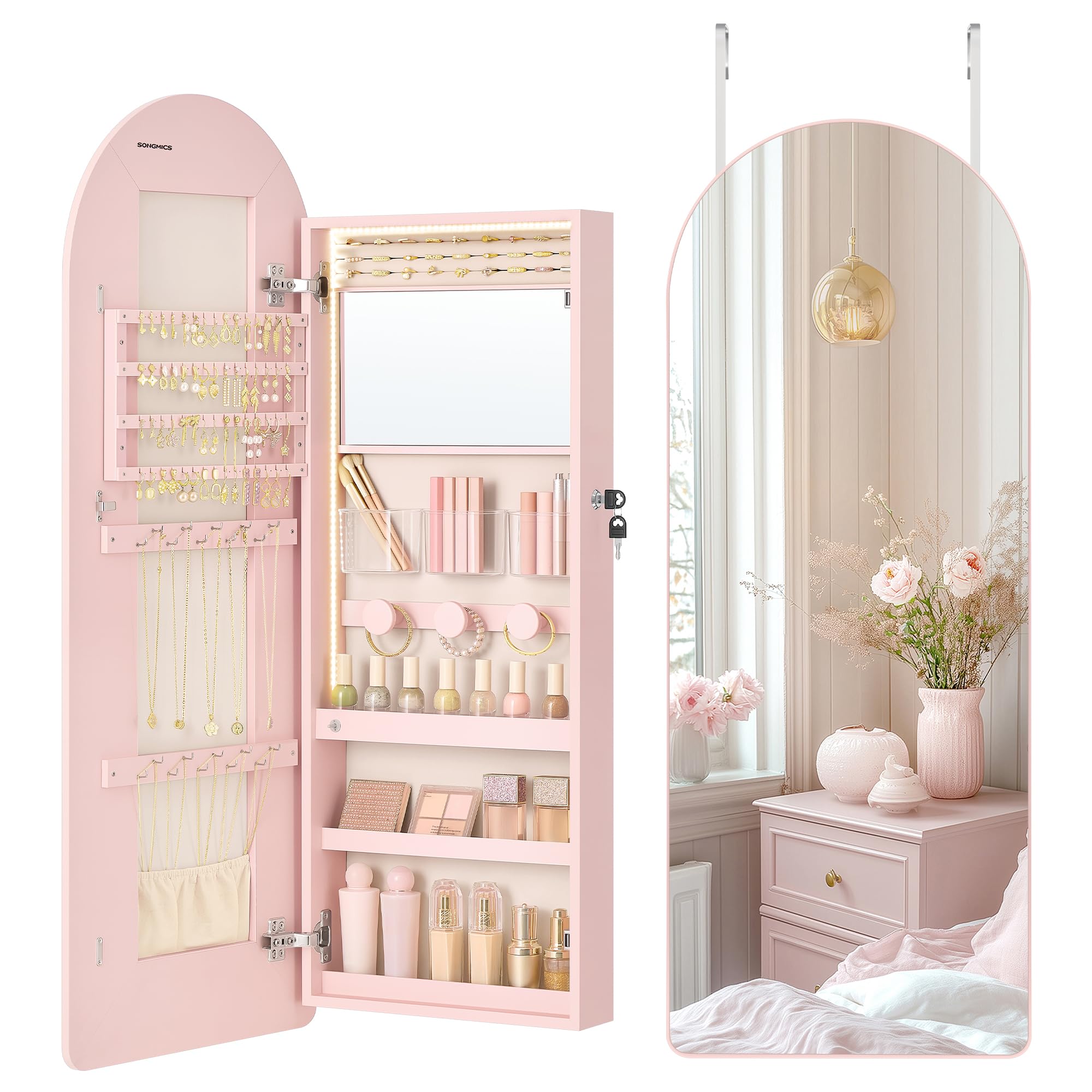 55 Inch White LED Lockable Arched Jewelry Cabinet