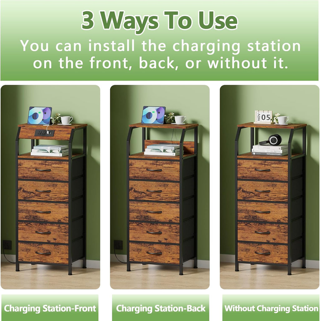 Rustic Brown 5 Drawer Dresser with Charging Station