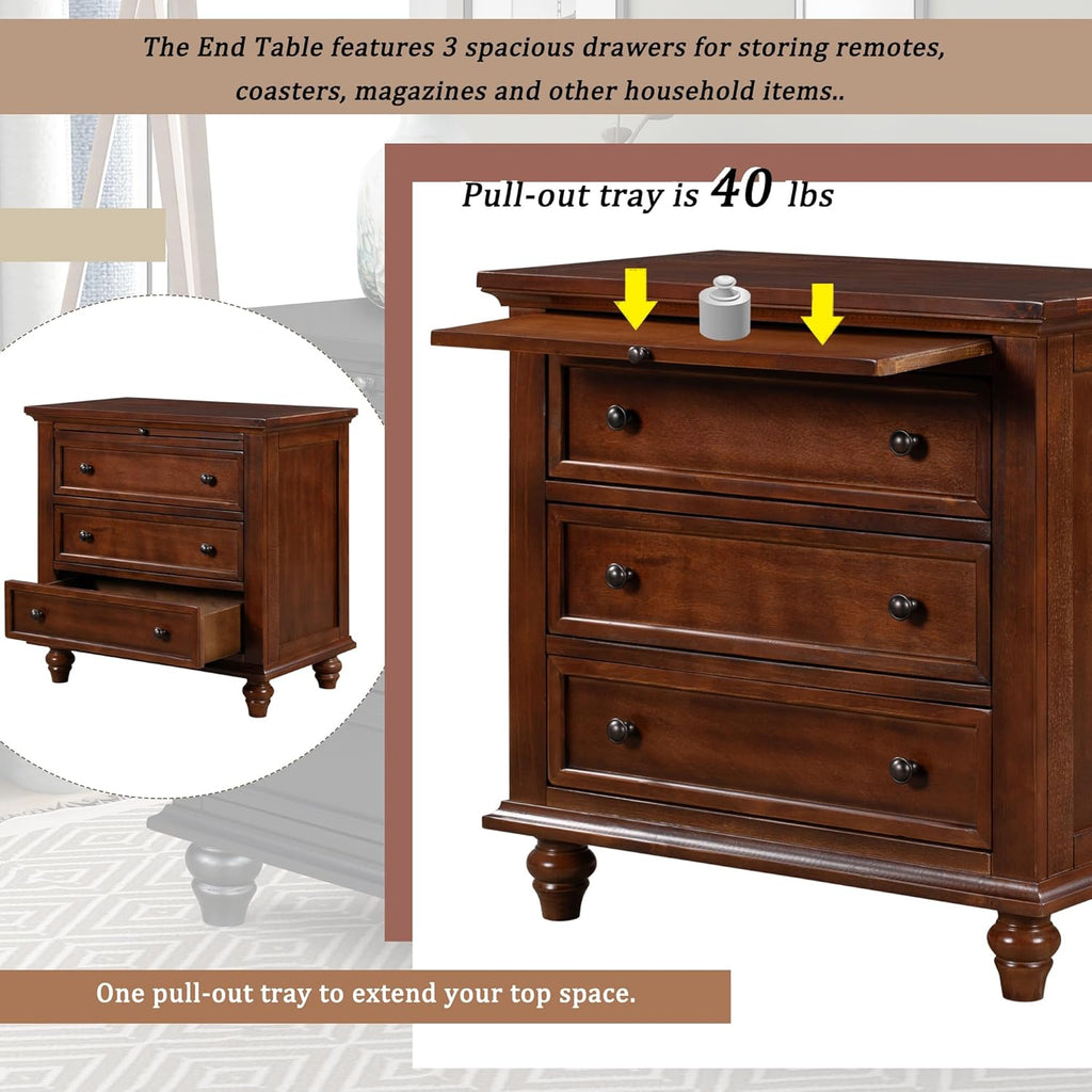 Brown Wood Nightstand 3 Drawers with Pull Out Tray