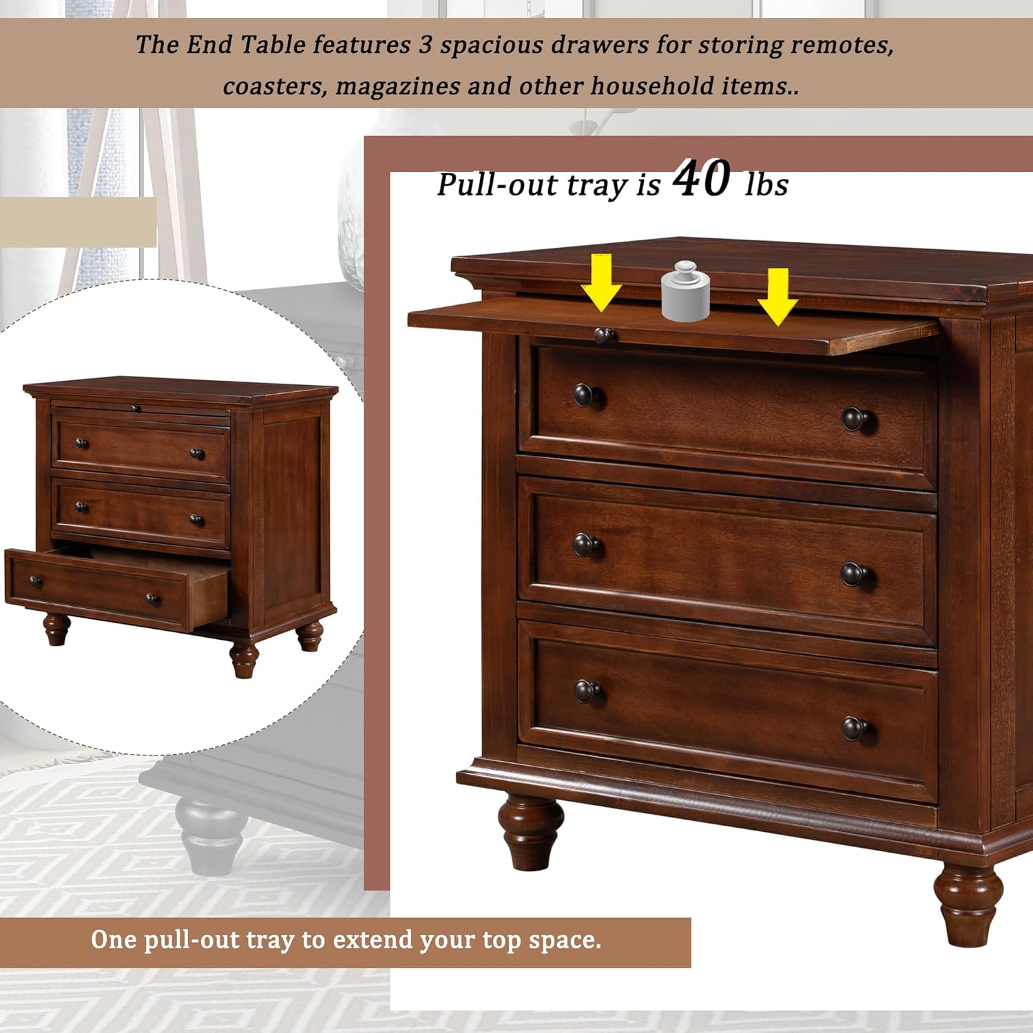 Brown Wood Nightstand 3 Drawers with Pull Out Tray