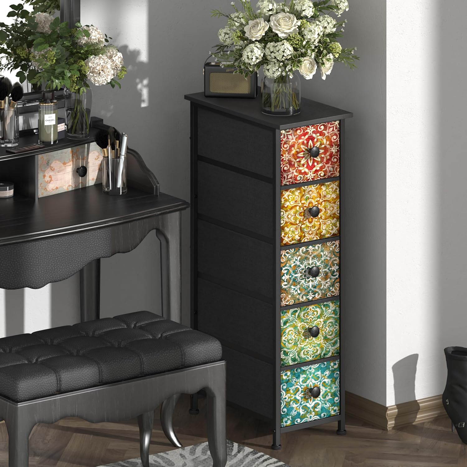 Retro Mandala Slim Narrow Fabric Drawer Storage Dresser