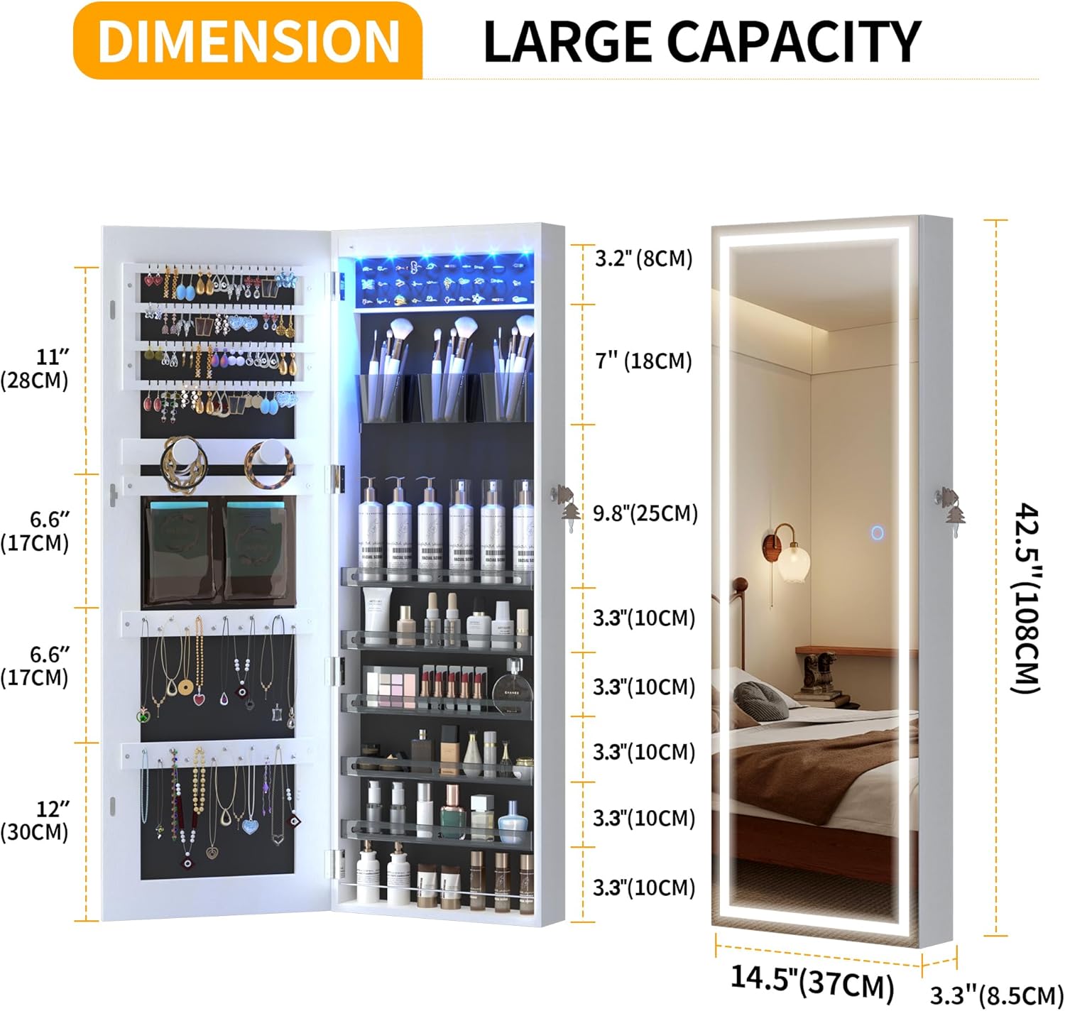 LED Lockable White Full Length Hanging Jewelry Armoire
