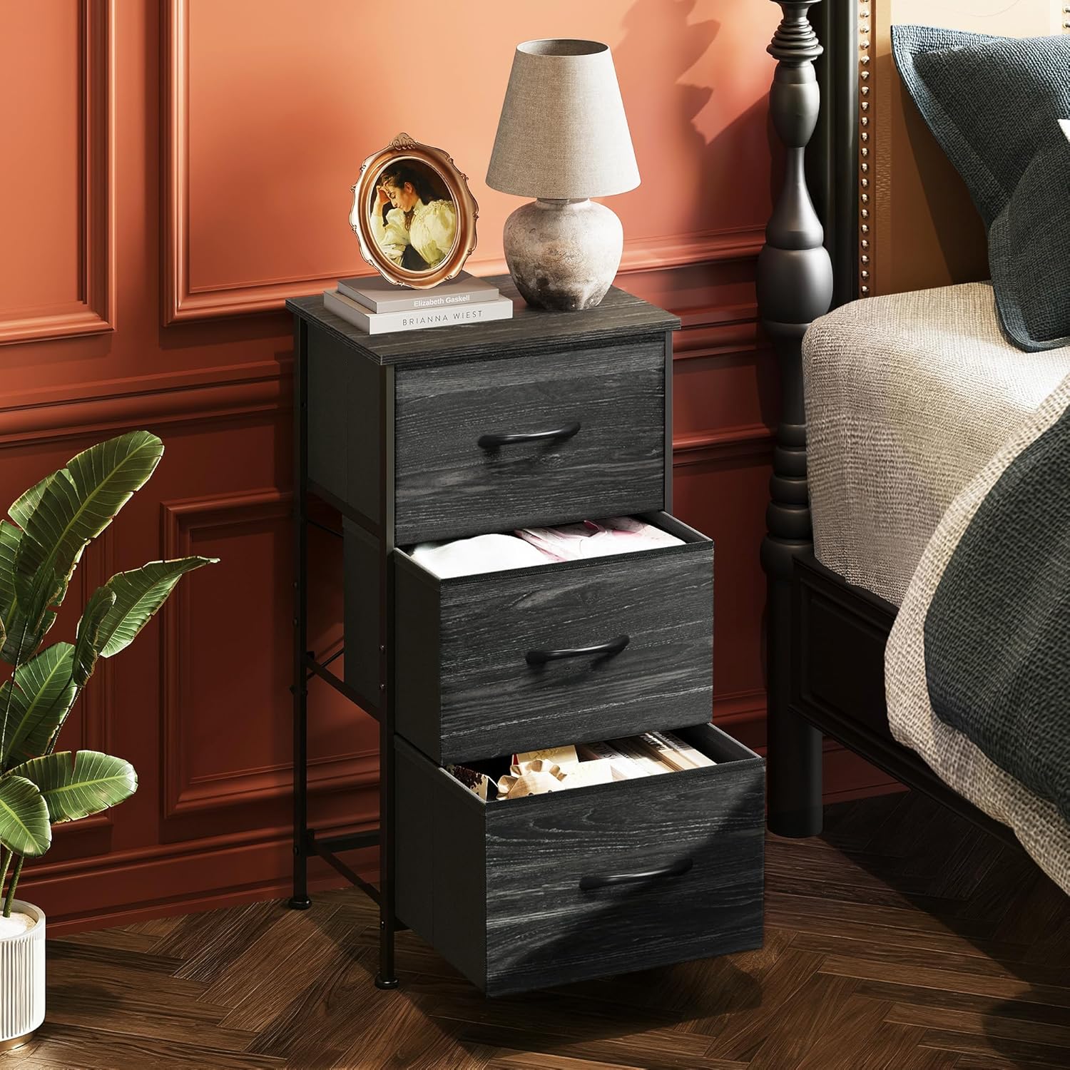 Charcoal Black Wood Top 3 Drawer Fabric Nightstand