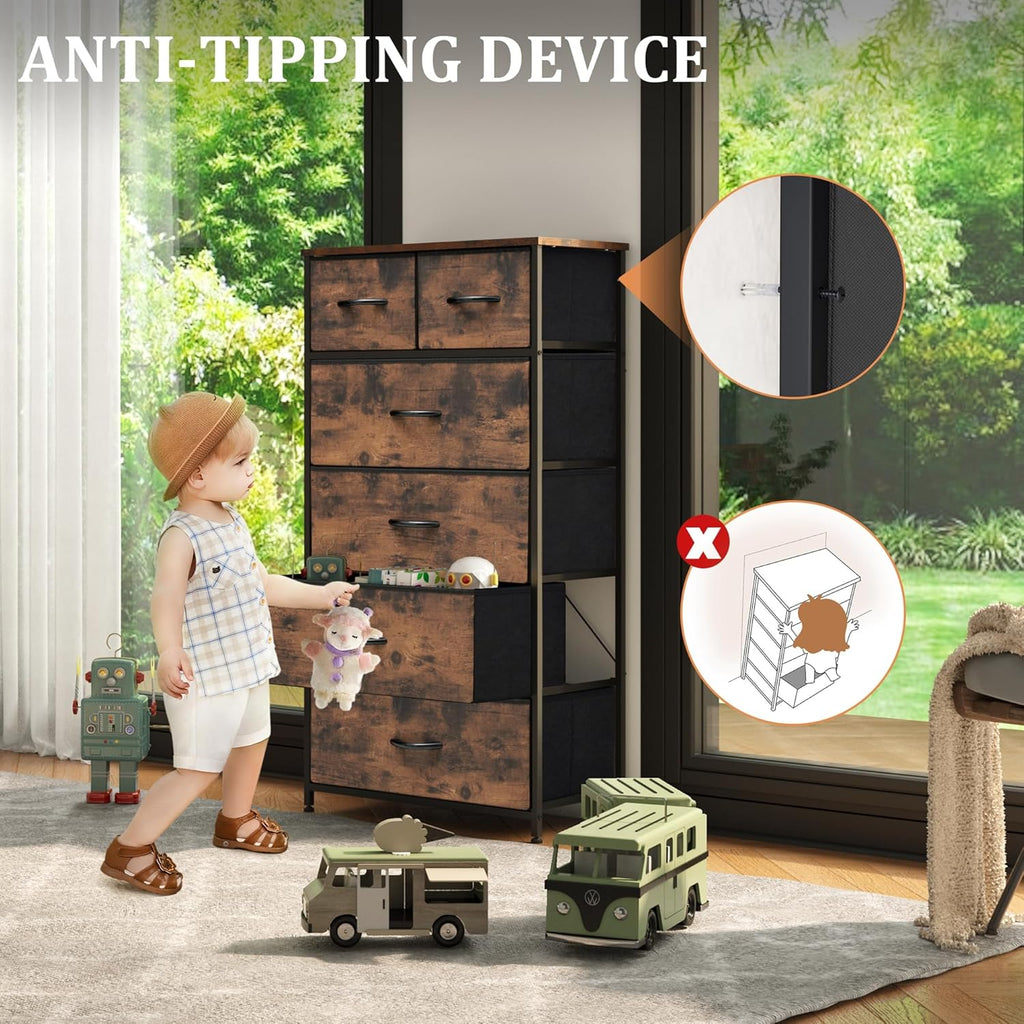 Rustic Brown Wood Top 6 Drawer Slim Fabric Dresser
