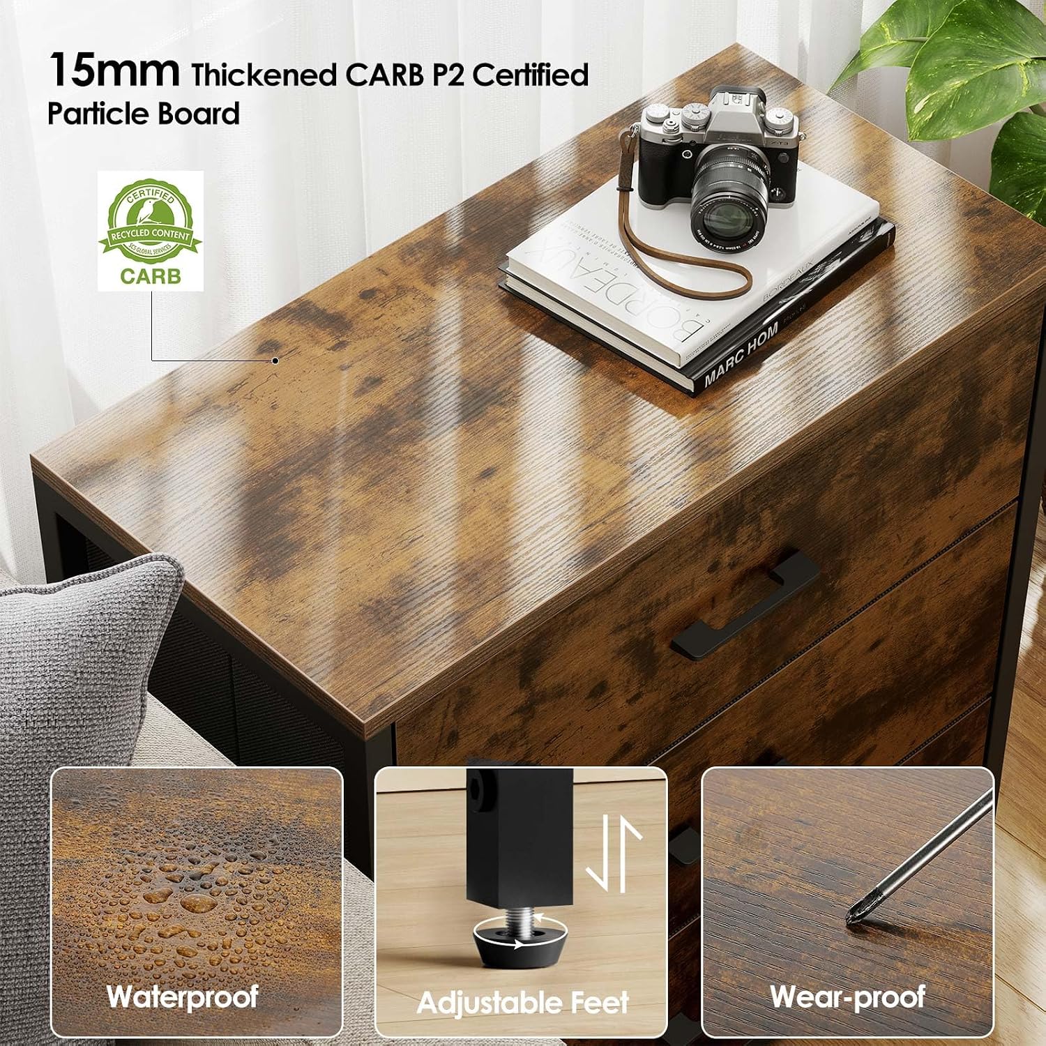 Wood Top Fabric 3 Drawer Bedroom Nightstand Dresser