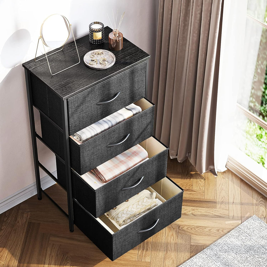 Black Wood Top 4 Drawer Small Fabric Dresser Cabinet