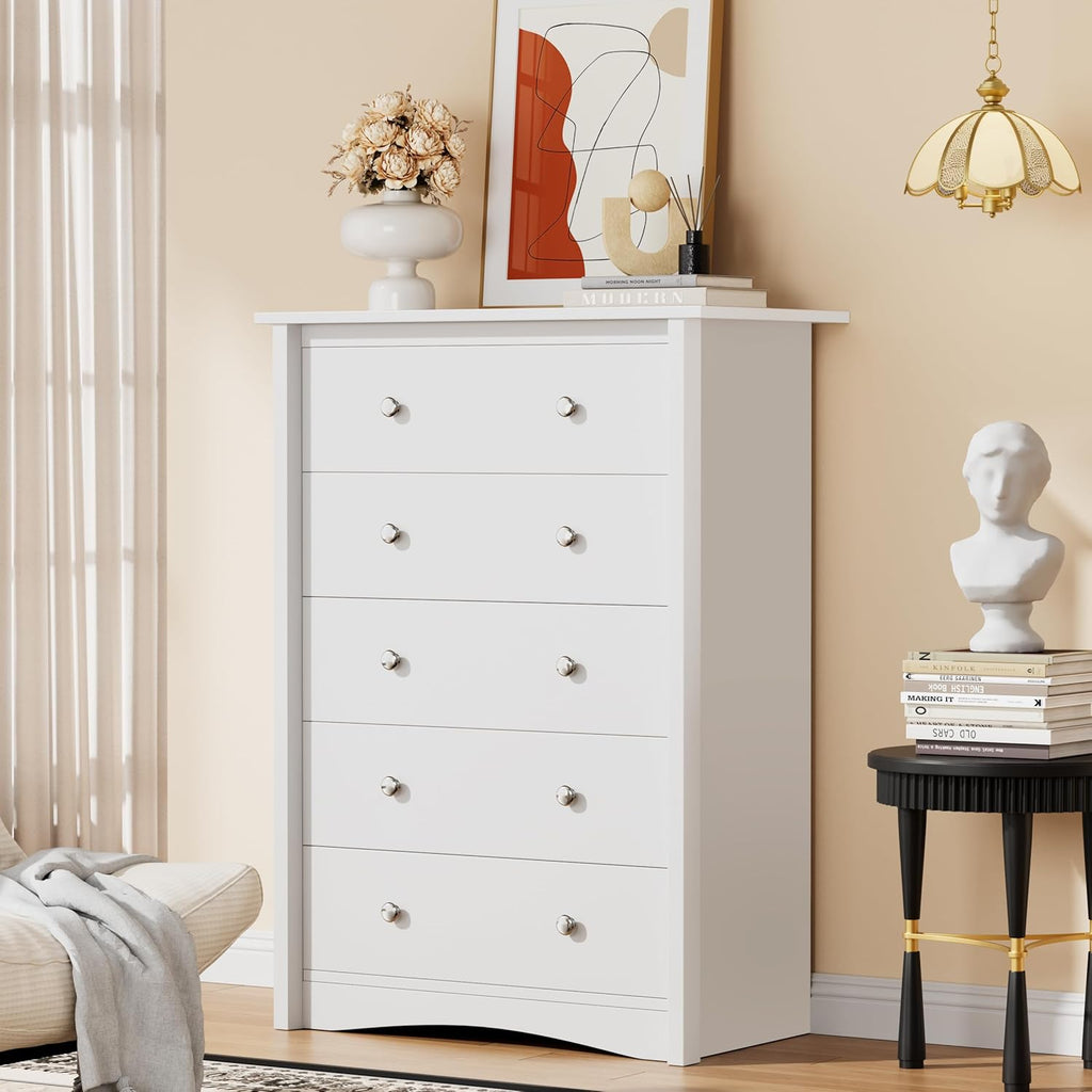 White 5 Drawer Tall Wooden Storage Dresser Cabinet