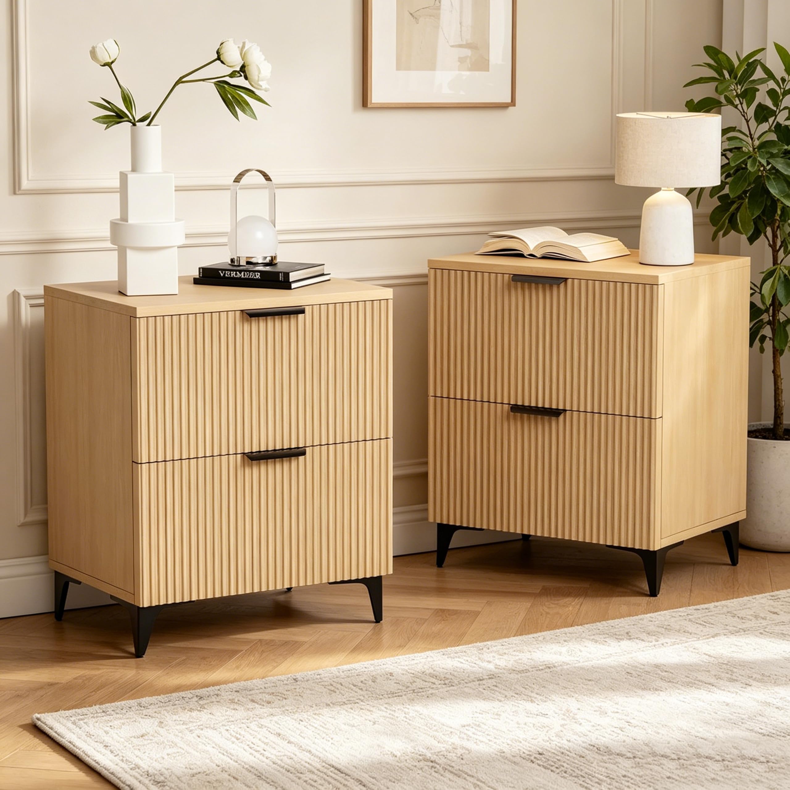 Brown Fluted 3 Drawer Oversized Bedroom Nightstand