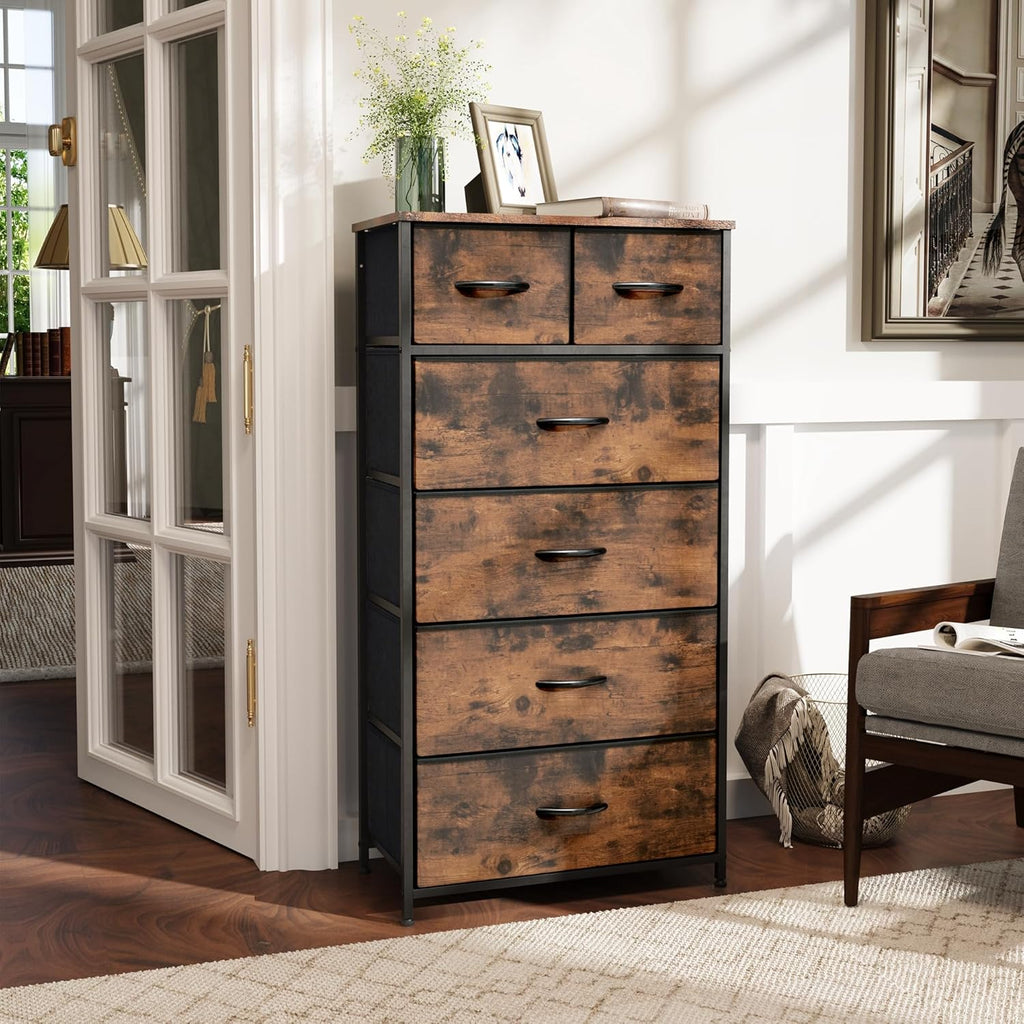 Rustic Brown Wood Top 6 Drawer Slim Fabric Dresser