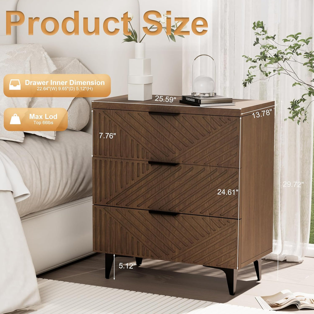 Brown Fluted 3 Drawer Oversized Bedroom Nightstand