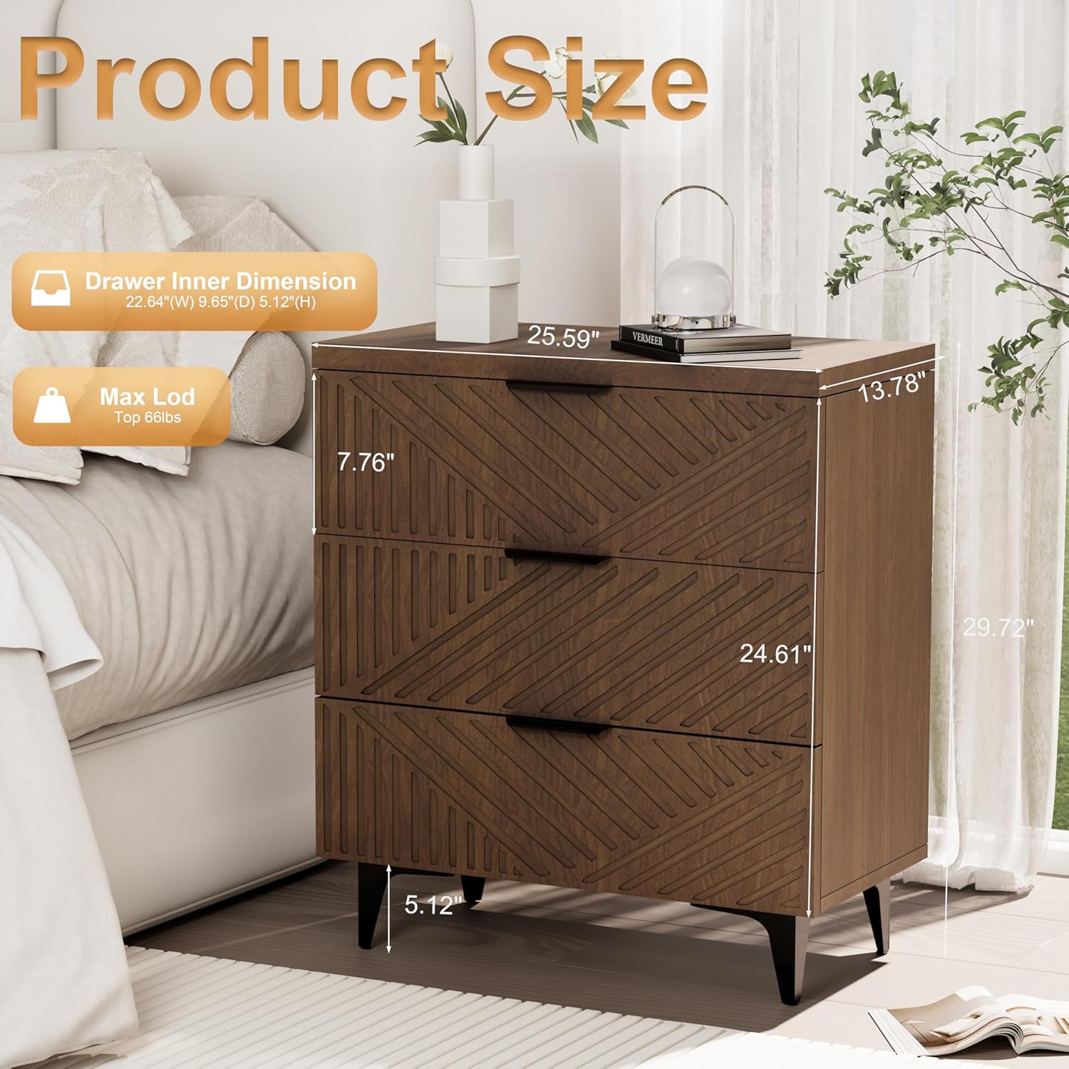 Brown Fluted 3 Drawer Oversized Bedroom Nightstand