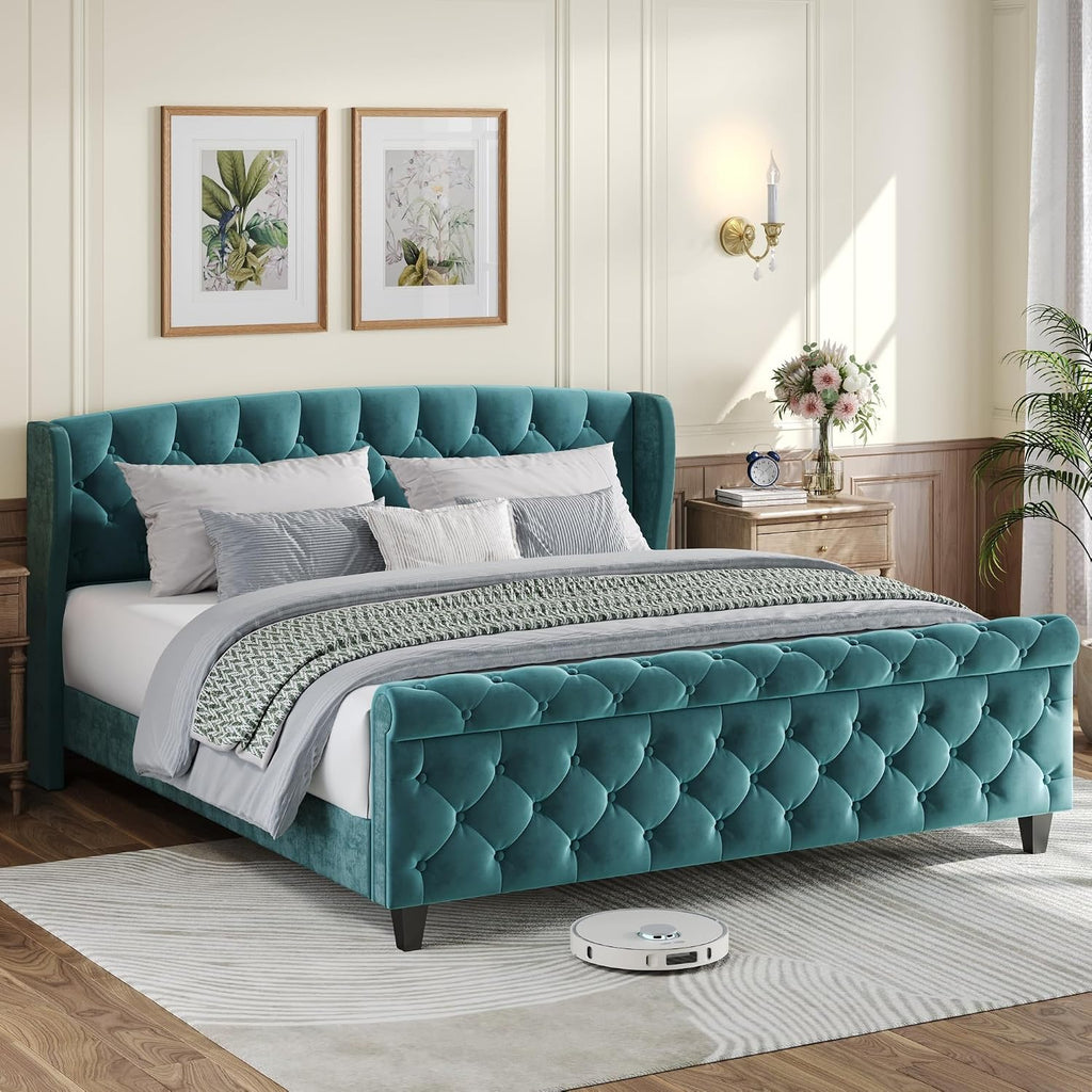 Turquoise Velvet King Sleigh Bed Wingback Tufted Design