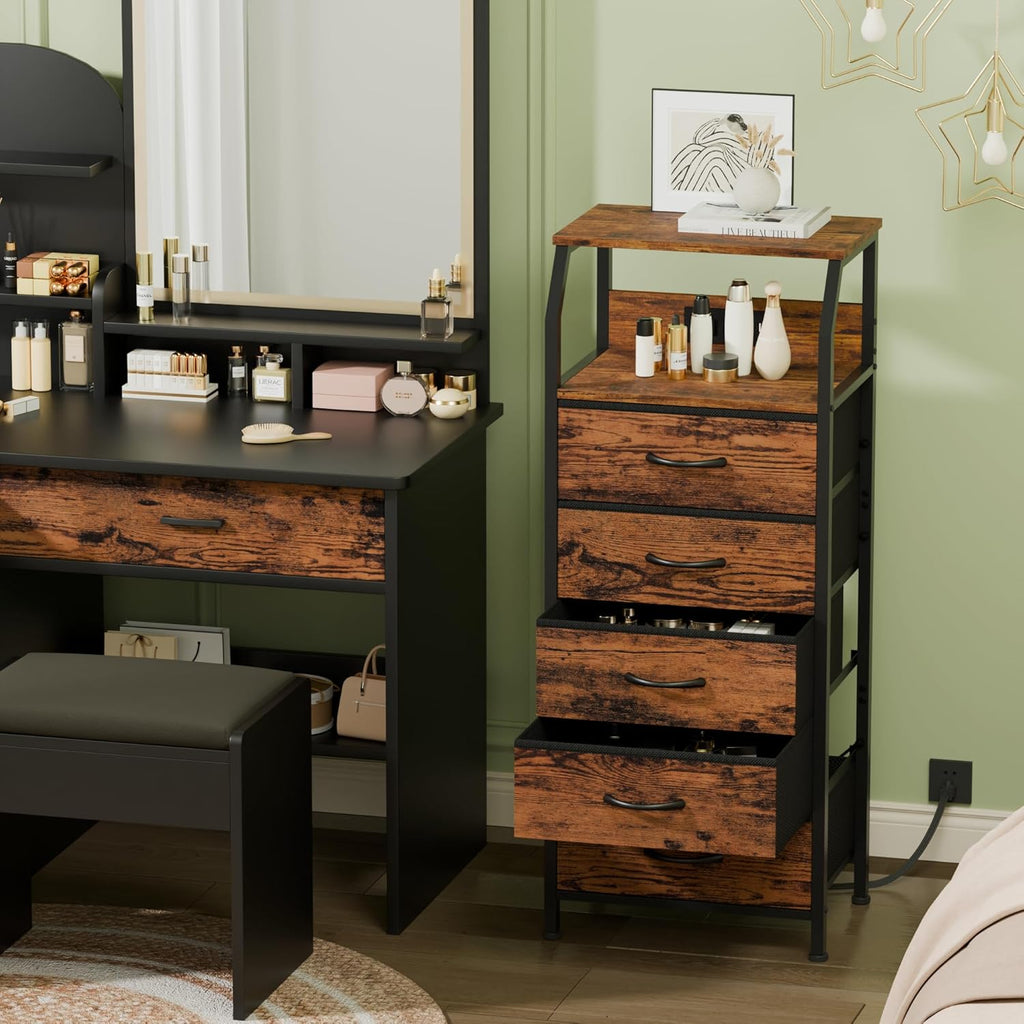 Rustic Brown 5 Drawer Dresser with Charging Station