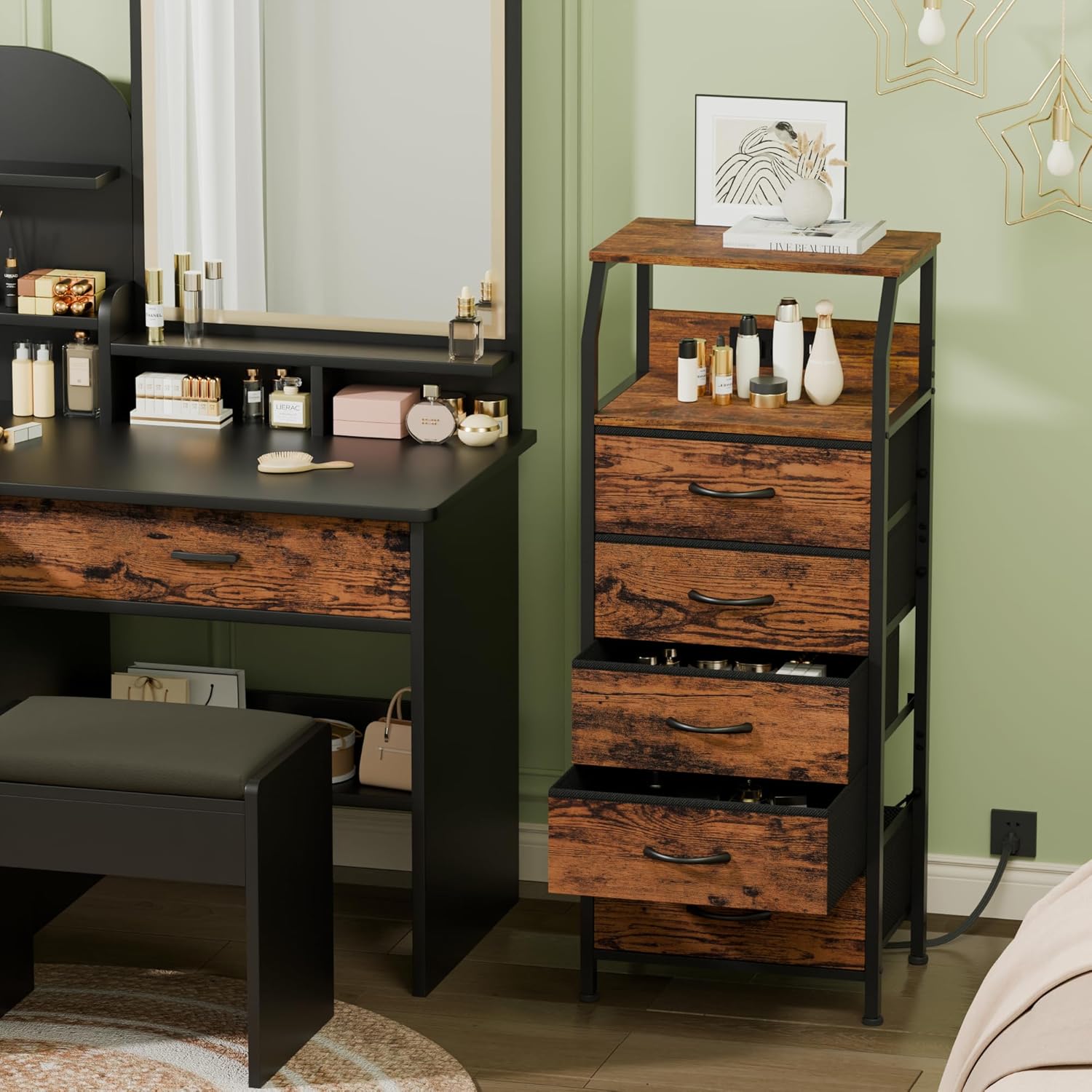Rustic Brown 5 Drawer Dresser with Charging Station