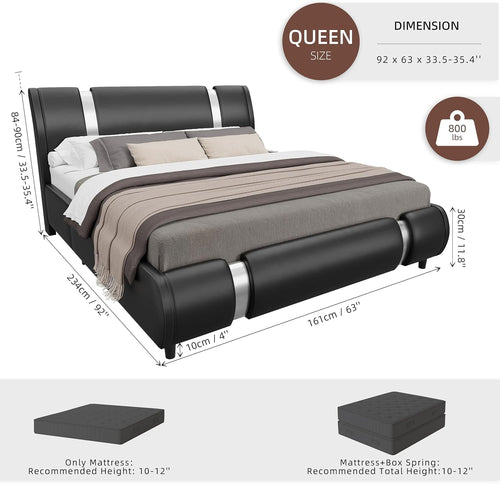 Black Faux Leather Queen Platform Bed Curved Headboard