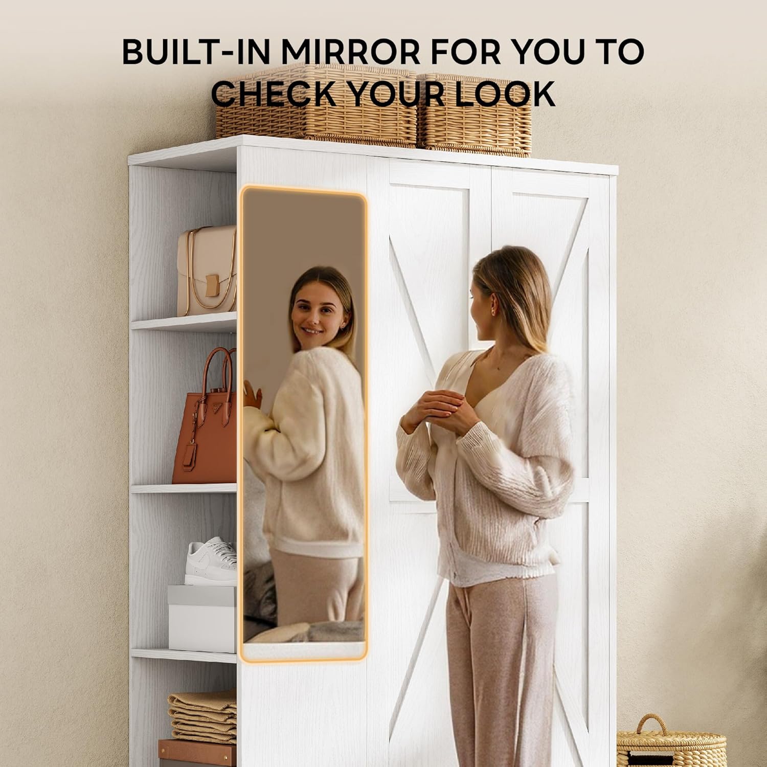 70 Inch White Freestanding Mirror Wardrobe Closet