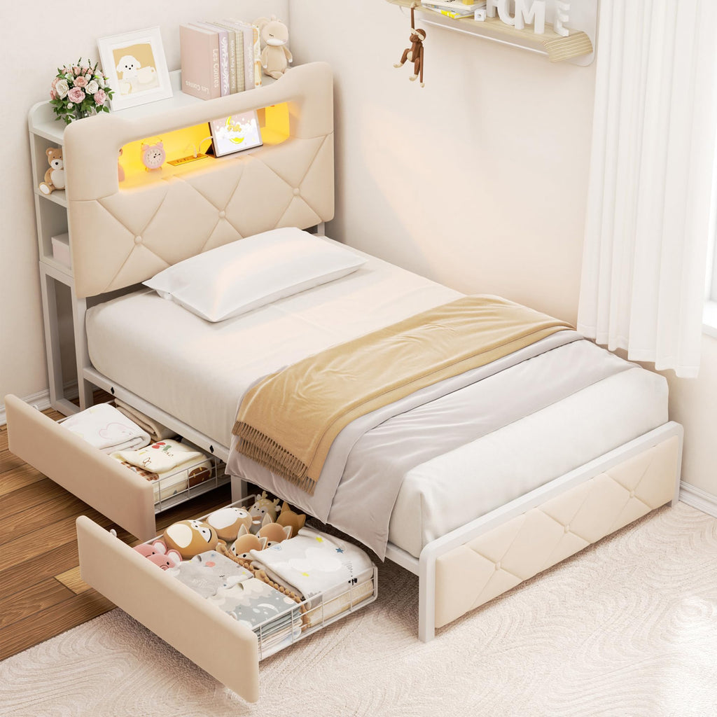Grey Velvet Full LED Bed Drawers Charging Headboard