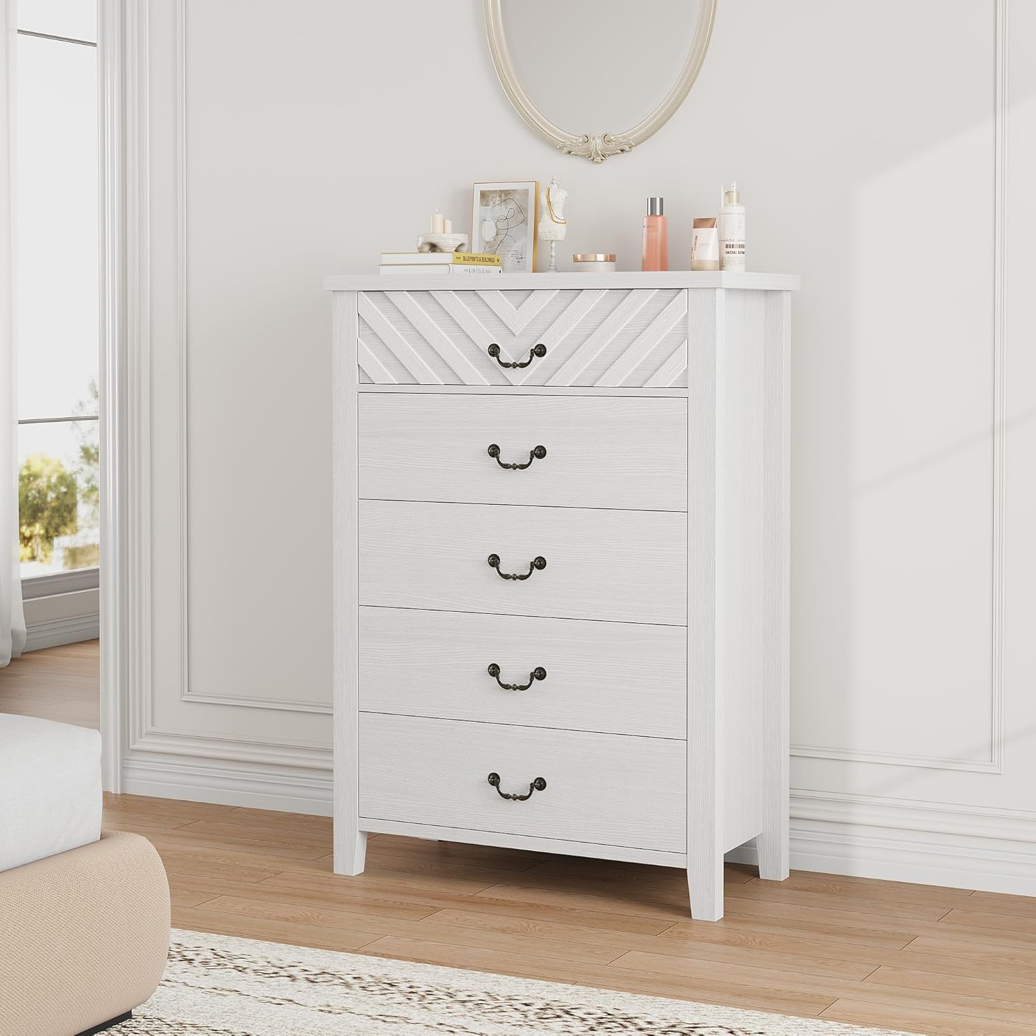 White V-Shape Front 5 Drawer Wooden Storage Dresser