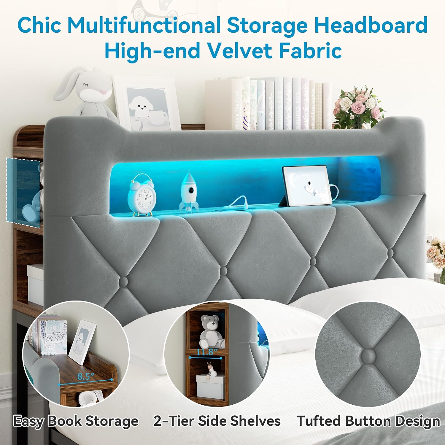 Grey Velvet Full LED Bed Drawers Charging Headboard