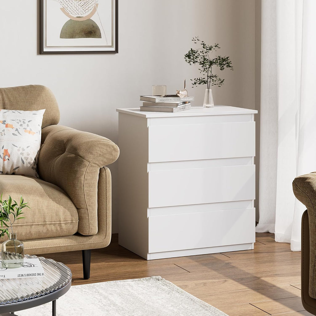 White 3 Drawer Storage Bedside Nightstand Side Table