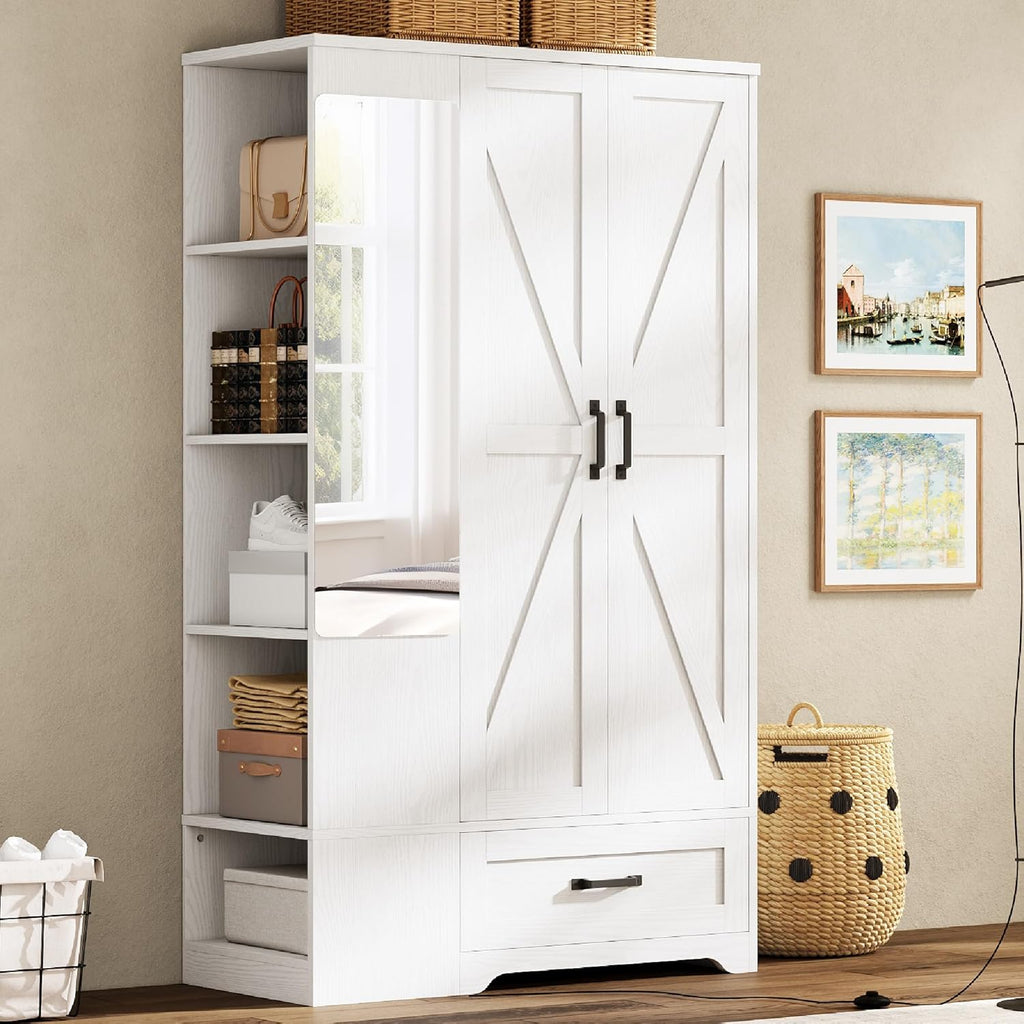 70 Inch White Freestanding Mirror Wardrobe Closet