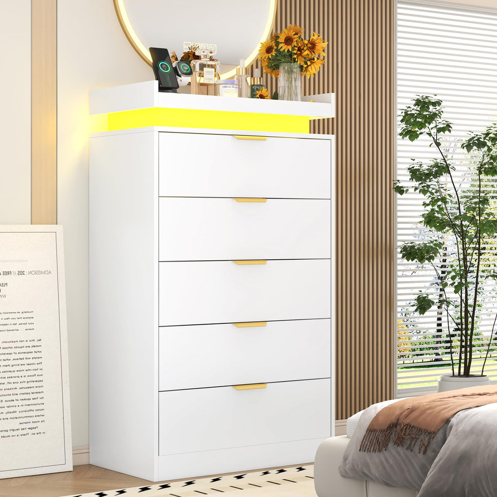 Black Wood 5 Drawer Tall Dresser LED & Power Outlet