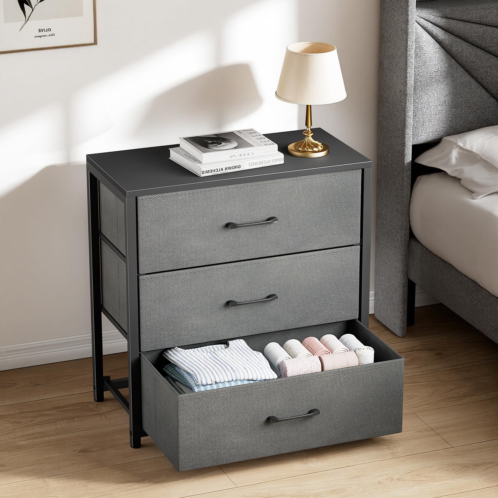 Wood Top Fabric 3 Drawer Bedroom Nightstand Dresser
