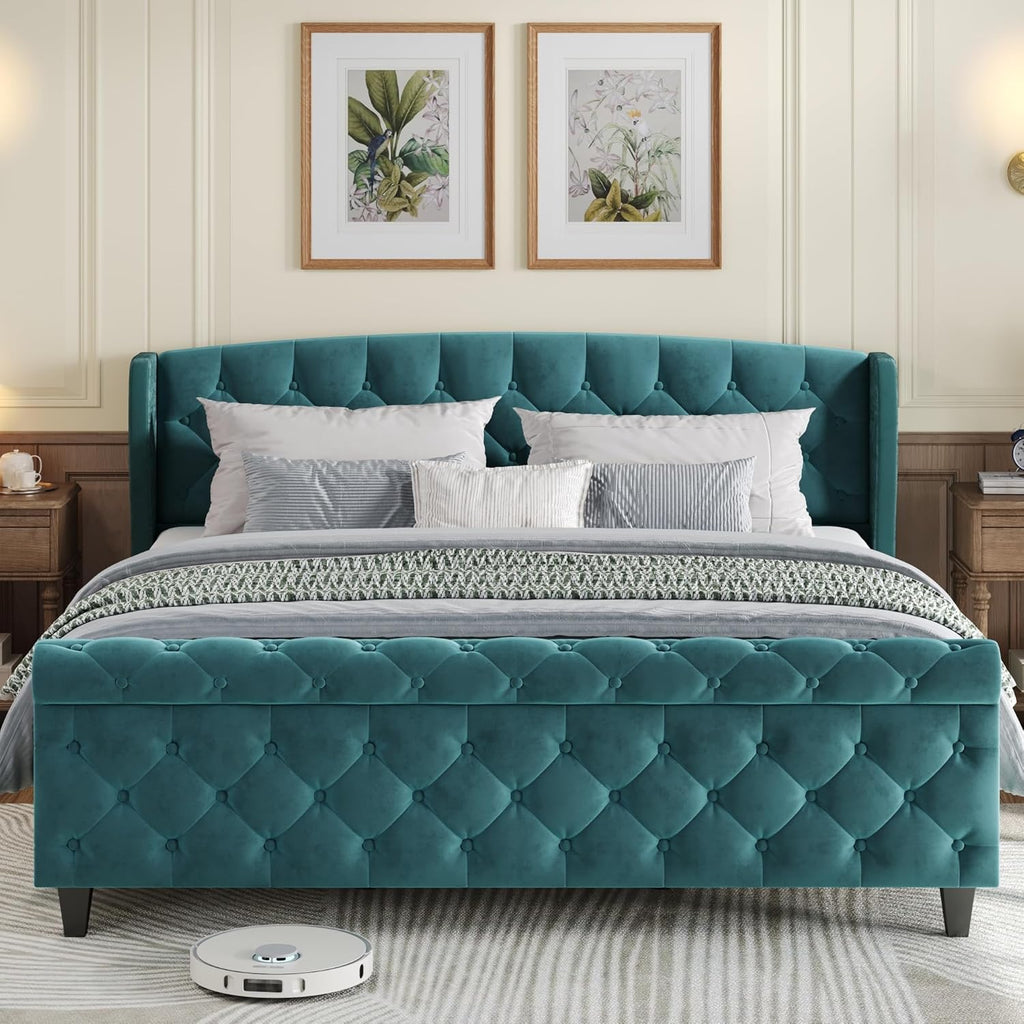 Turquoise Velvet King Sleigh Bed Wingback Tufted Design