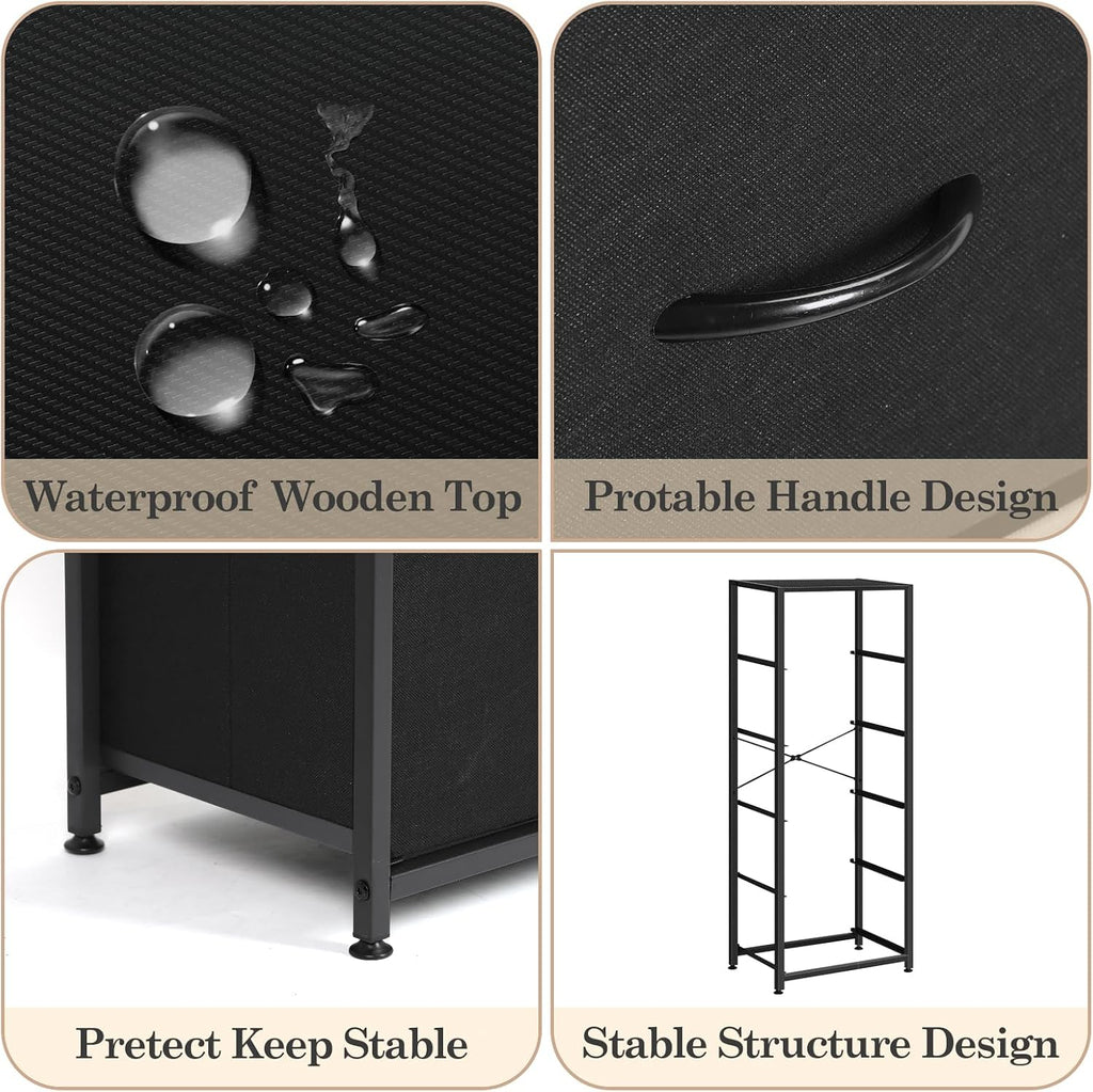 Black Wood Top 5 Drawer Fabric Tall Dresser