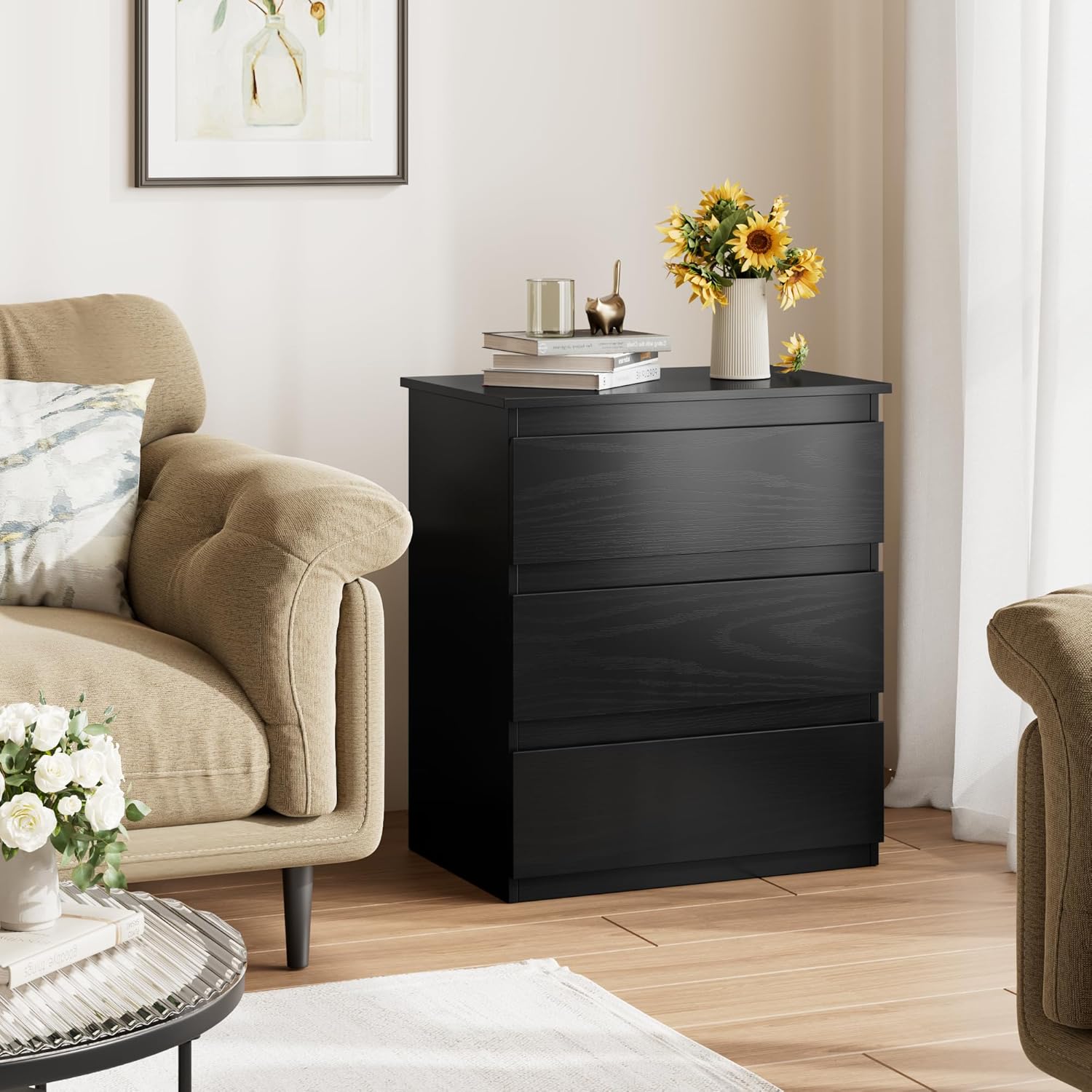 Black 3 Drawer Storage Bedroom Nightstand Side Table