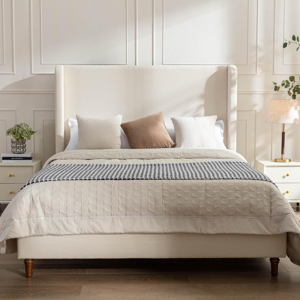Ivory Boucle Wingback Queen Tall Headboard Platform Bed