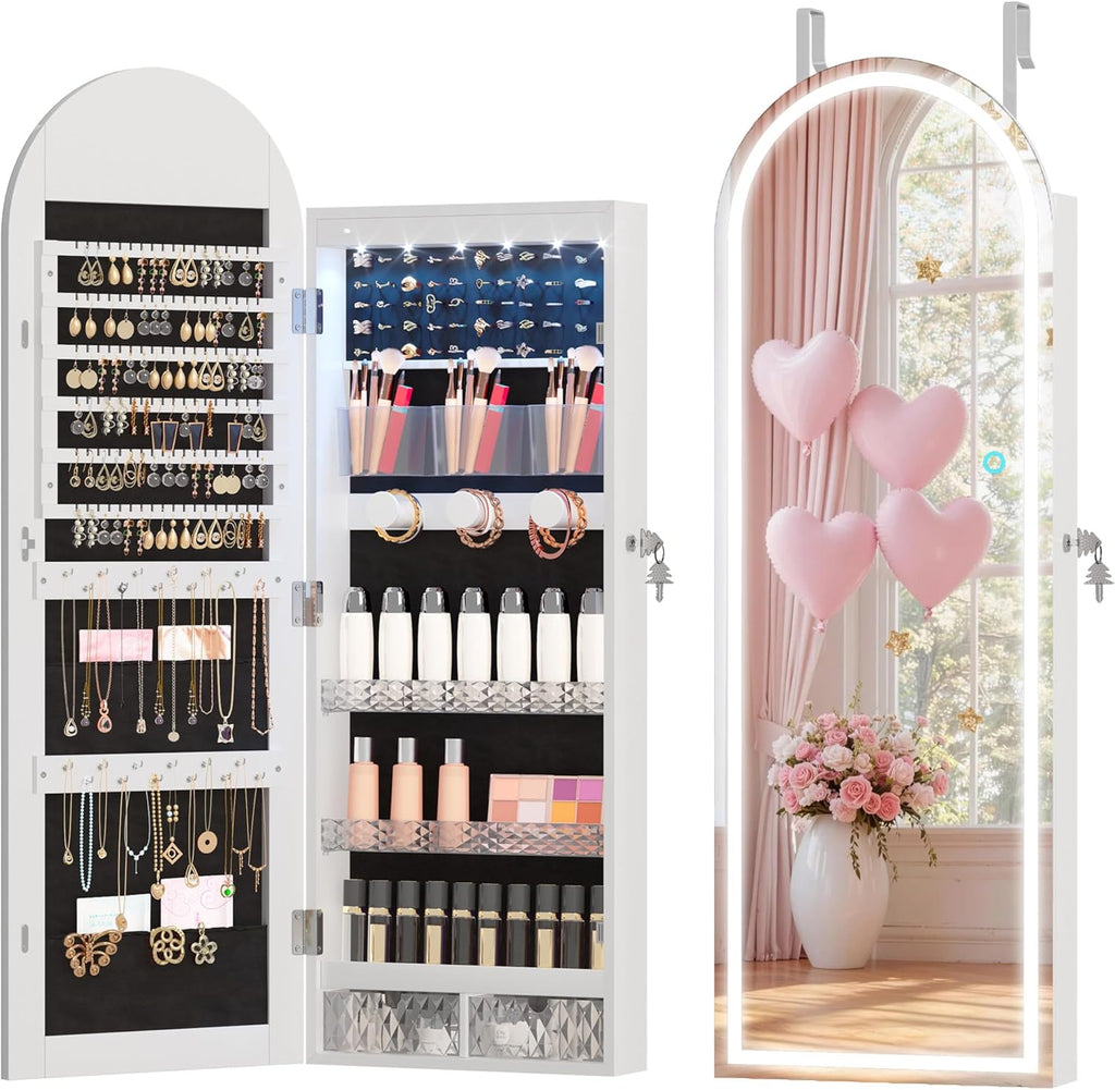 43 Inch White LED Lockable Arched Jewelry Cabinet
