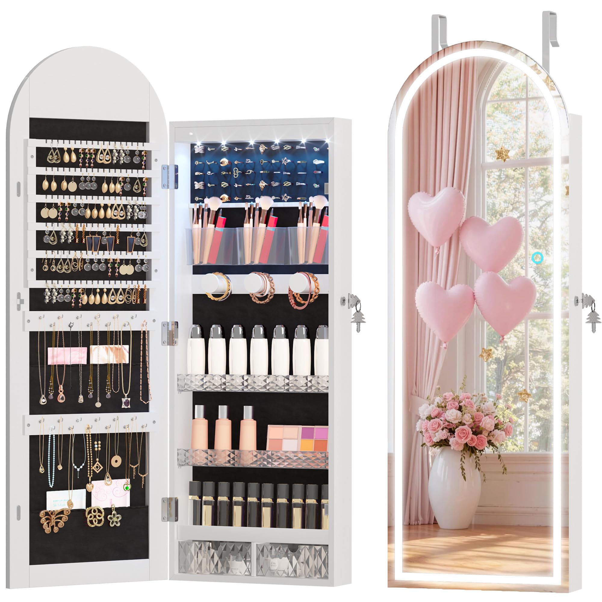 43 Inch White LED Lockable Arched Jewelry Cabinet