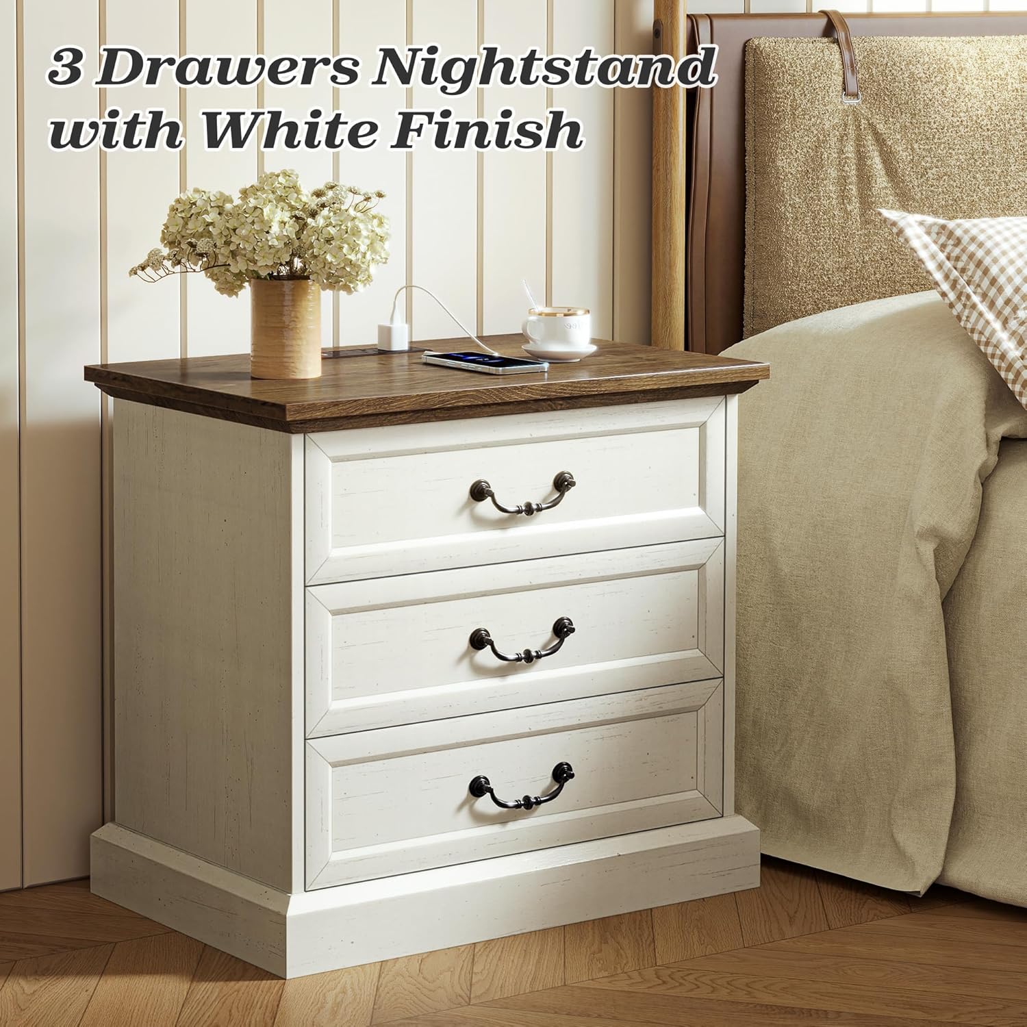 Distressed White 3 Drawer Nightstand with Charging Station