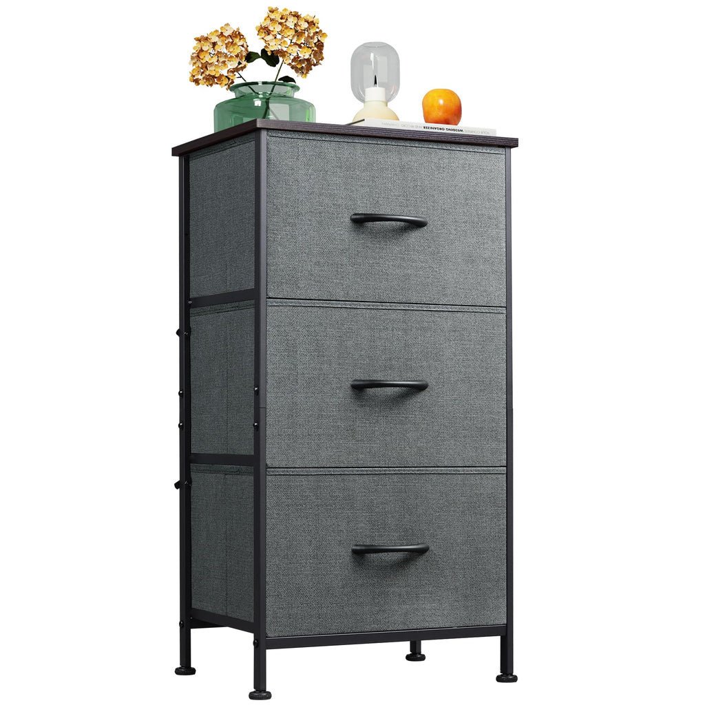 Charcoal Black Wood Top 3 Drawer Fabric Nightstand