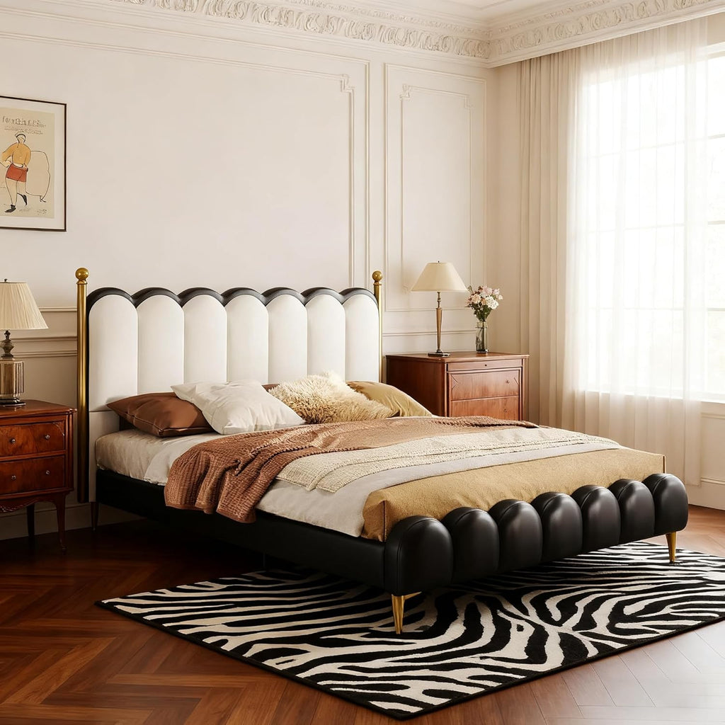 White Black Faux Leather Queen Platform Bed Frame