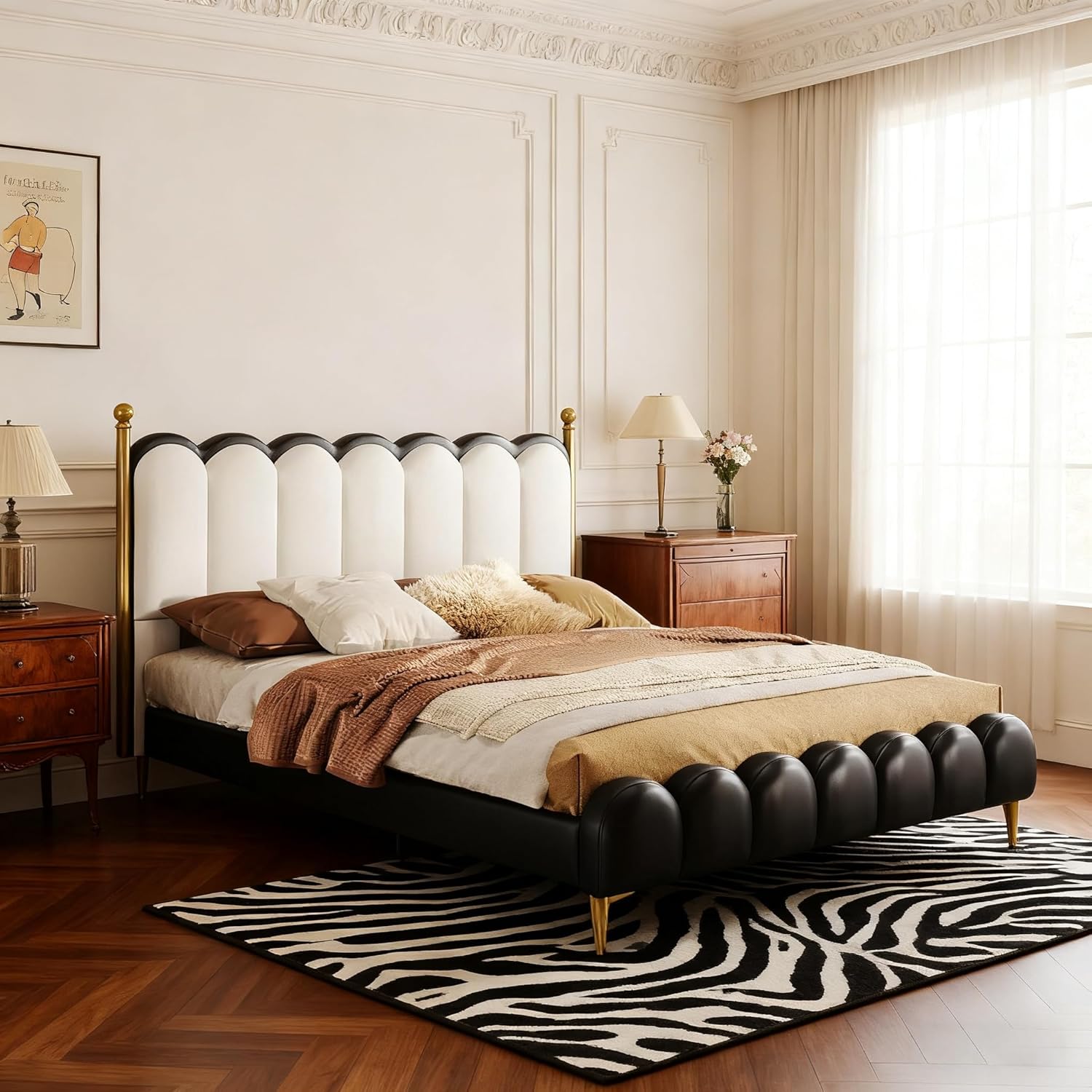 White Black Faux Leather Queen Platform Bed Frame