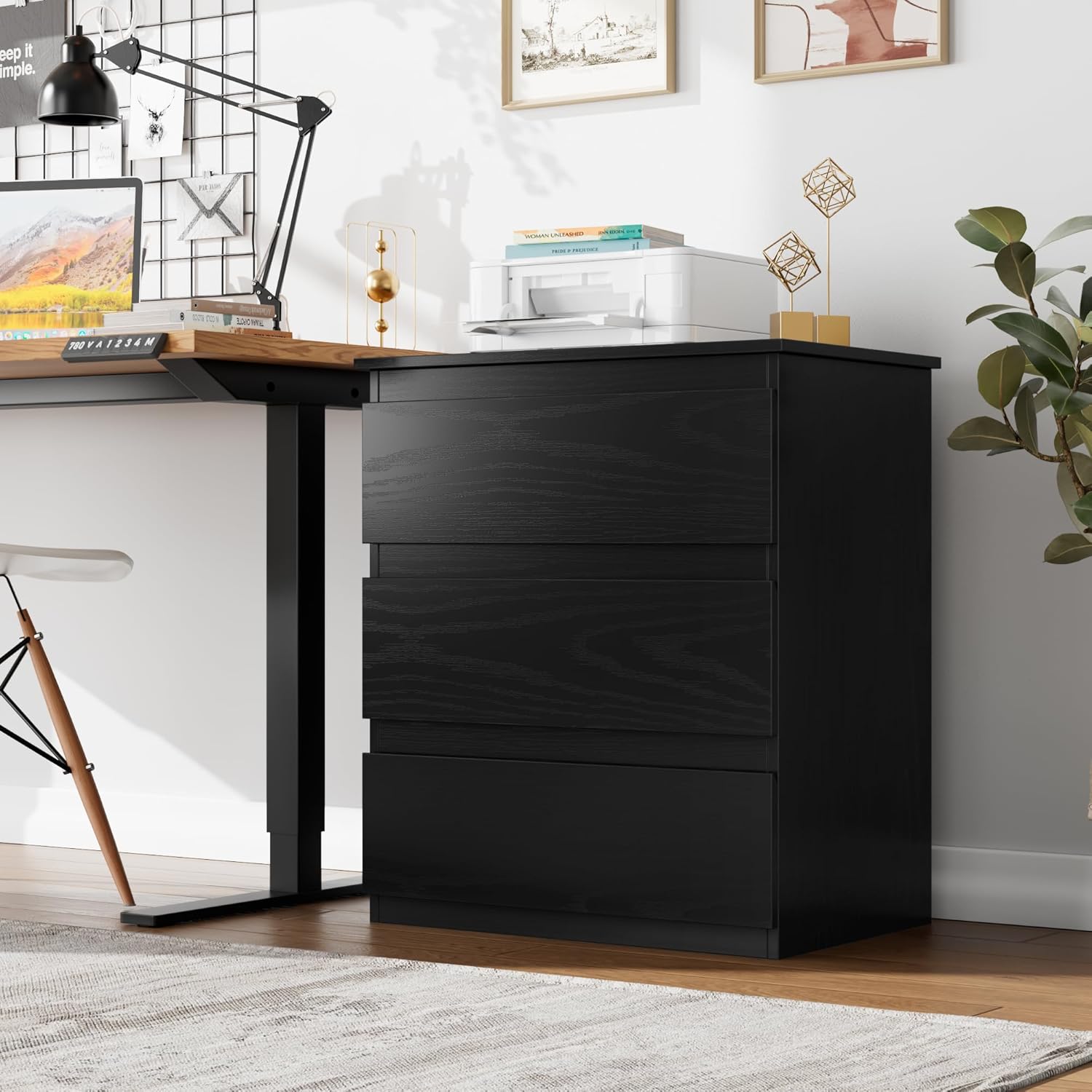 Black 3 Drawer Storage Bedroom Nightstand Side Table