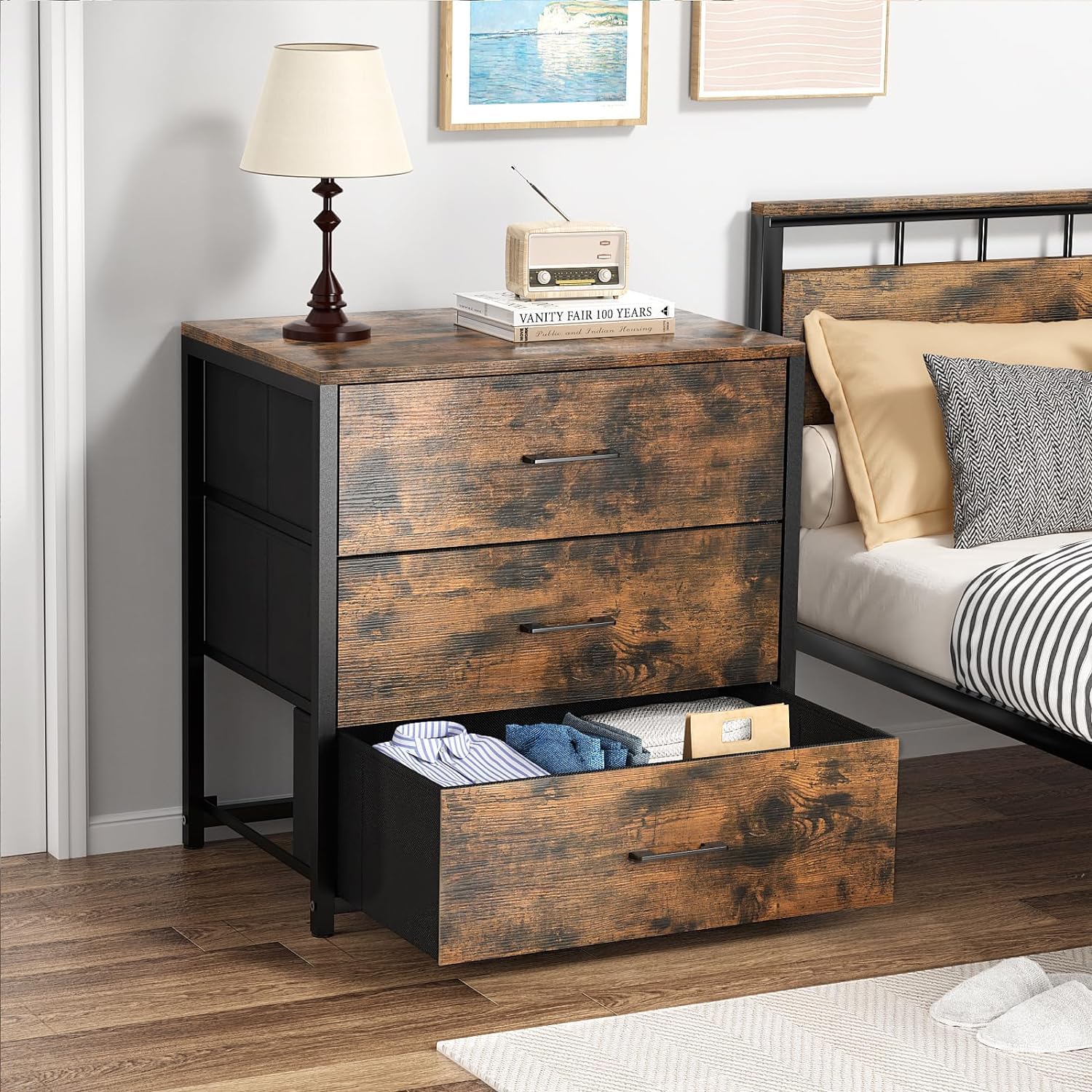 Wood Top Fabric 3 Drawer Bedroom Nightstand Dresser
