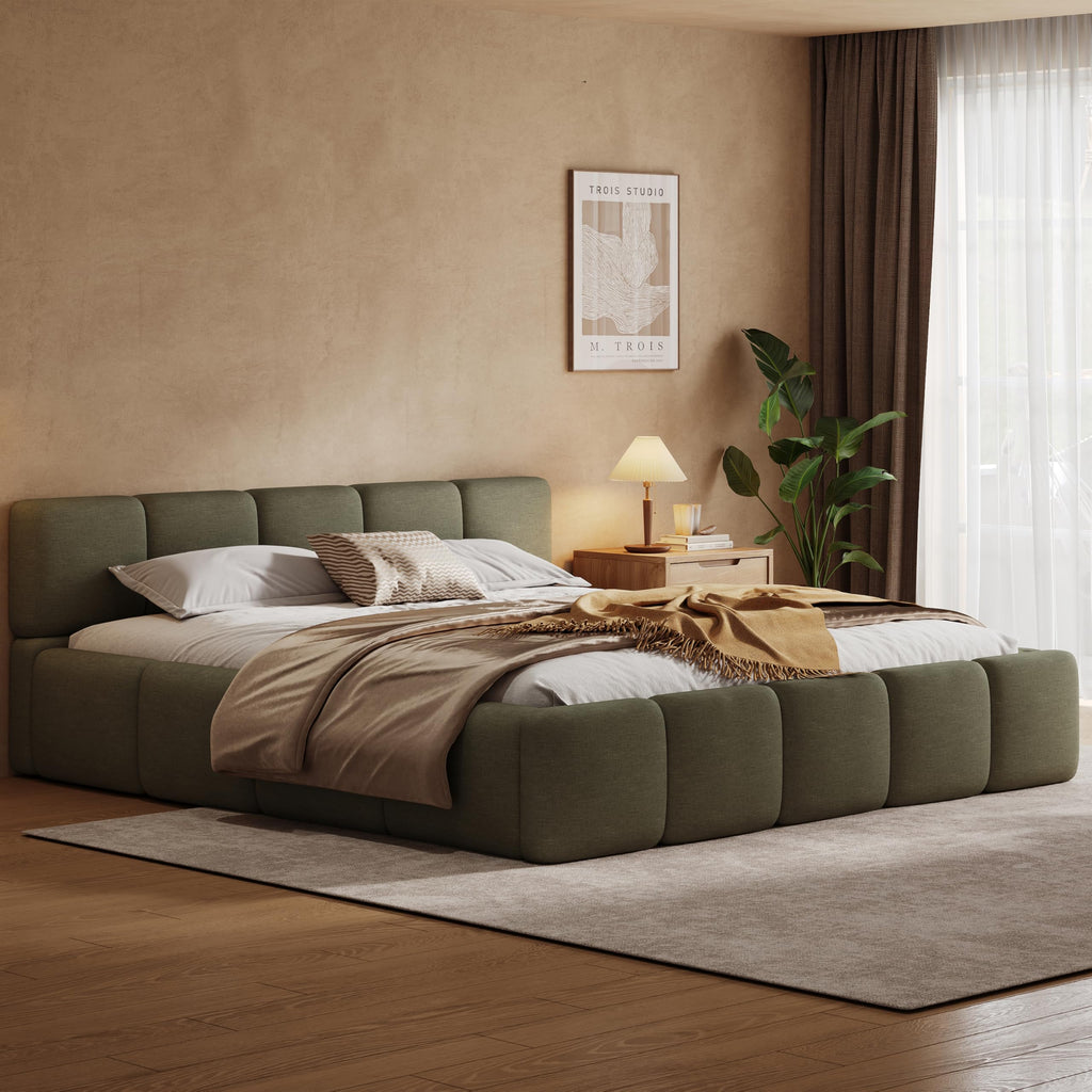Beige Linen Cal King Curved Panel Bed Frame
