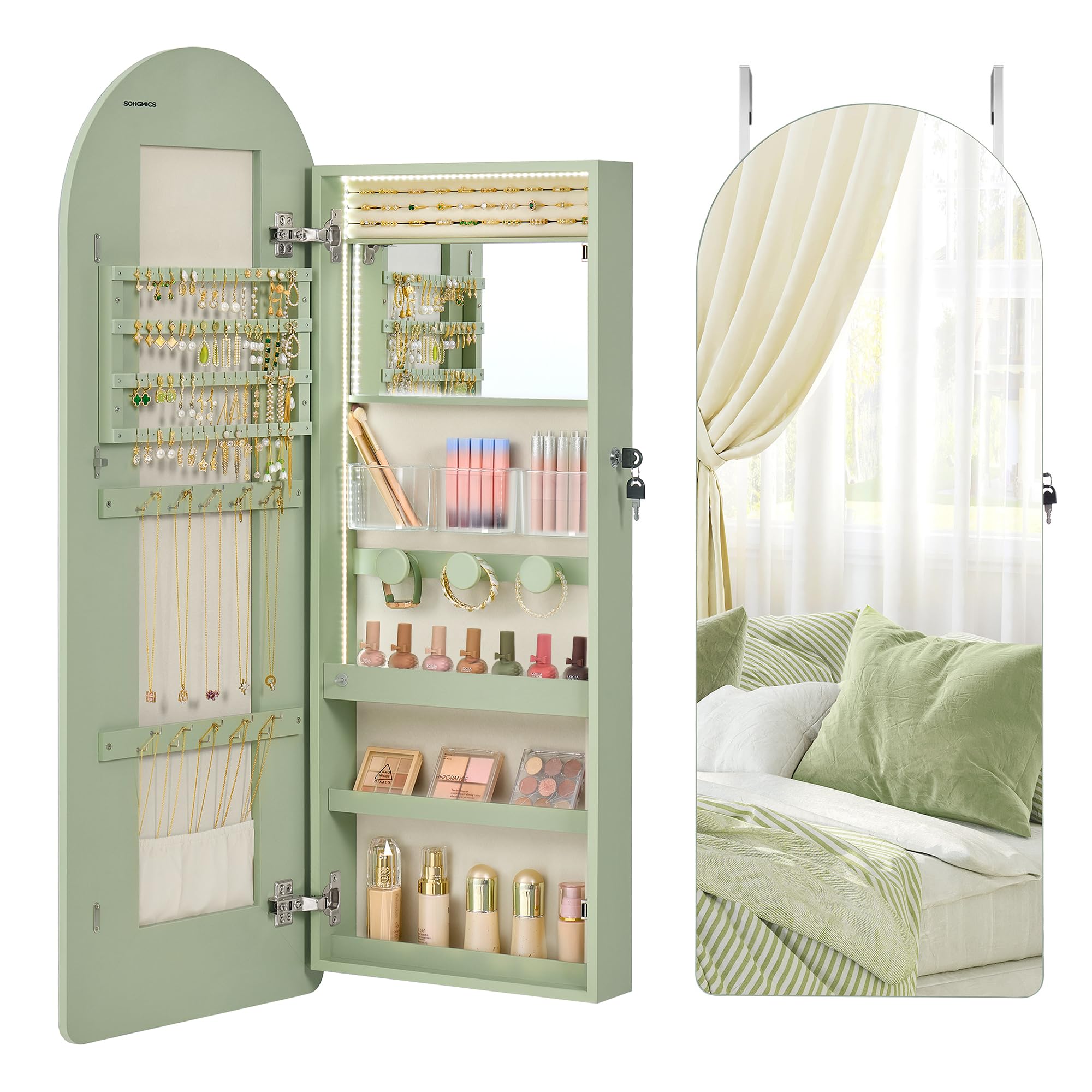 55 Inch White LED Lockable Arched Jewelry Cabinet