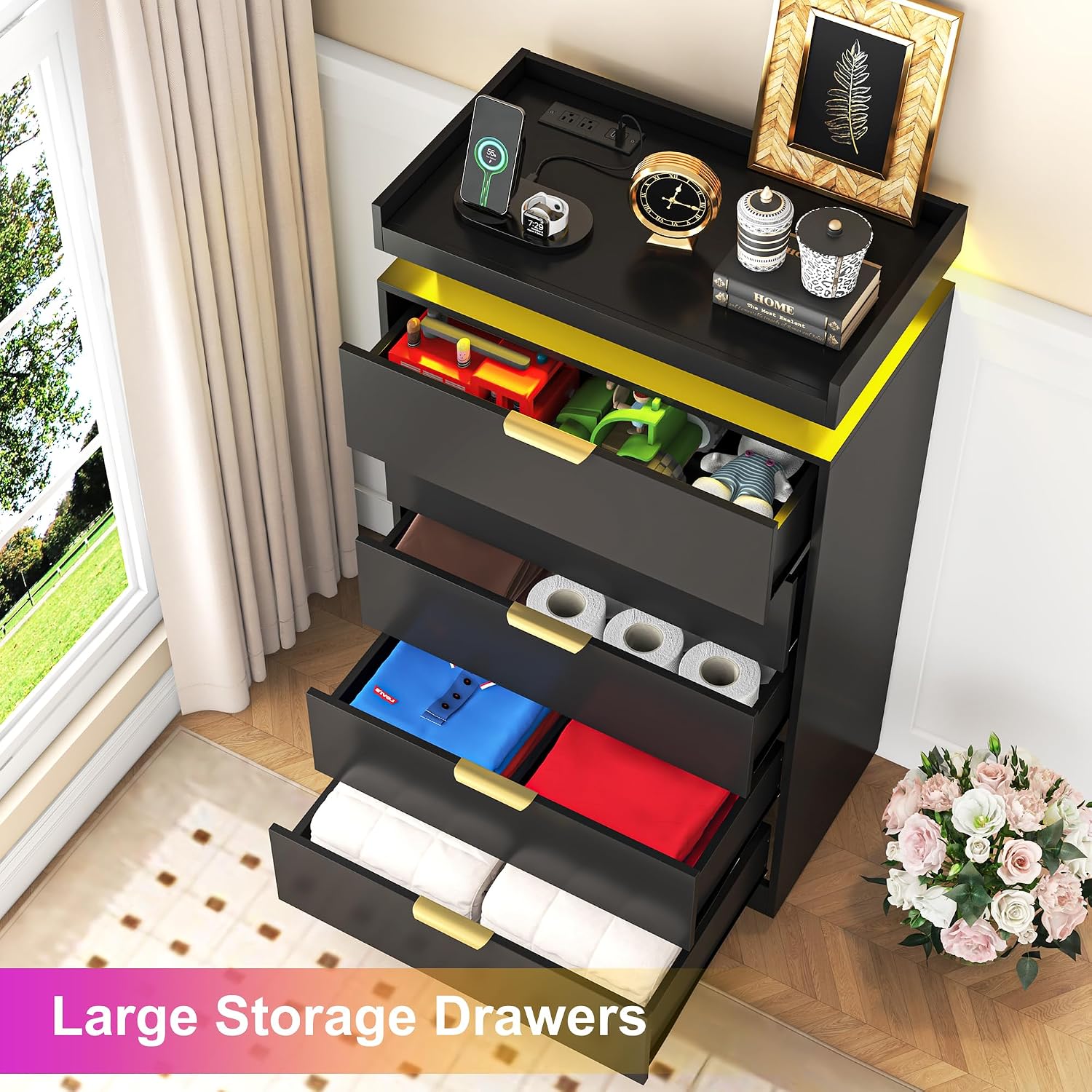 Black Wood 5 Drawer Tall Dresser LED & Power Outlet