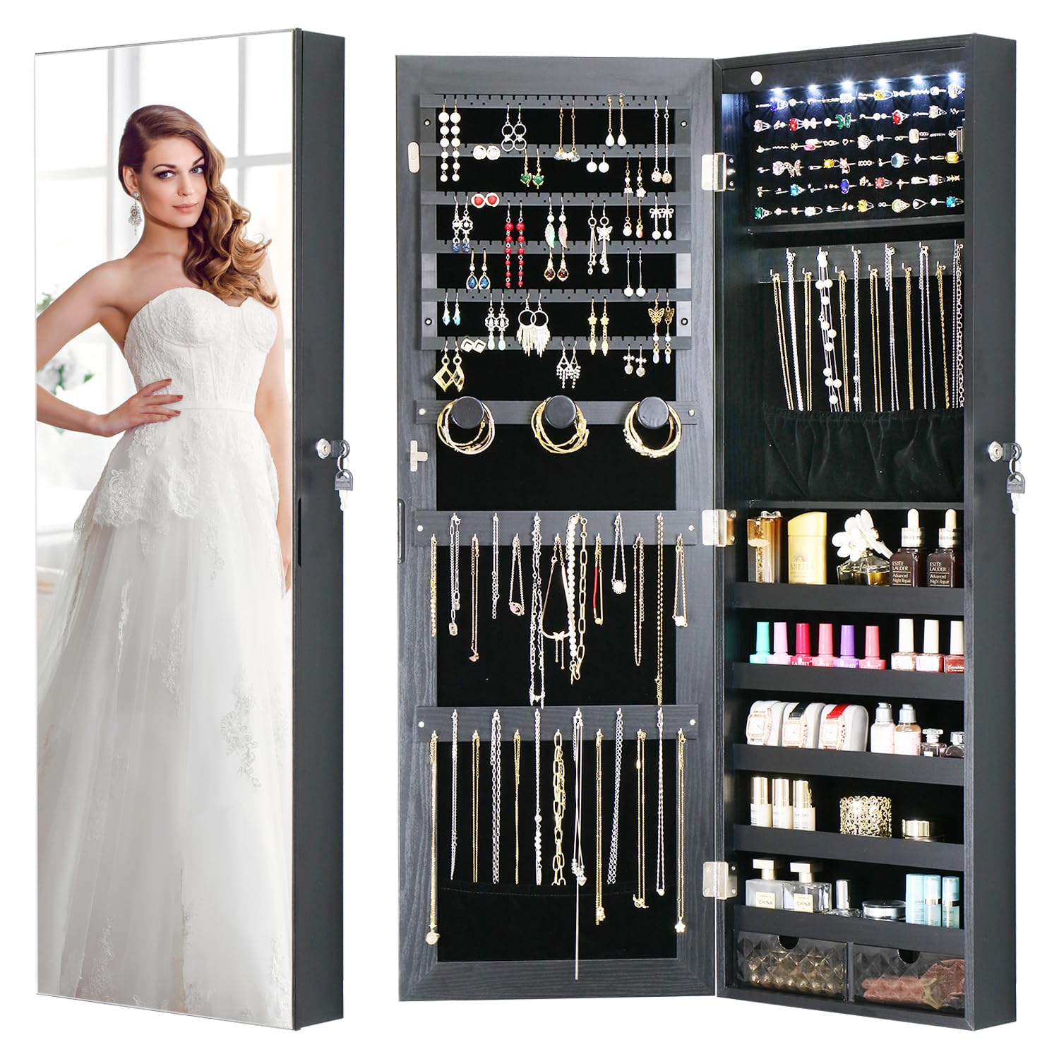 White Lockable Wall Mount Full Length Jewelry Armoire