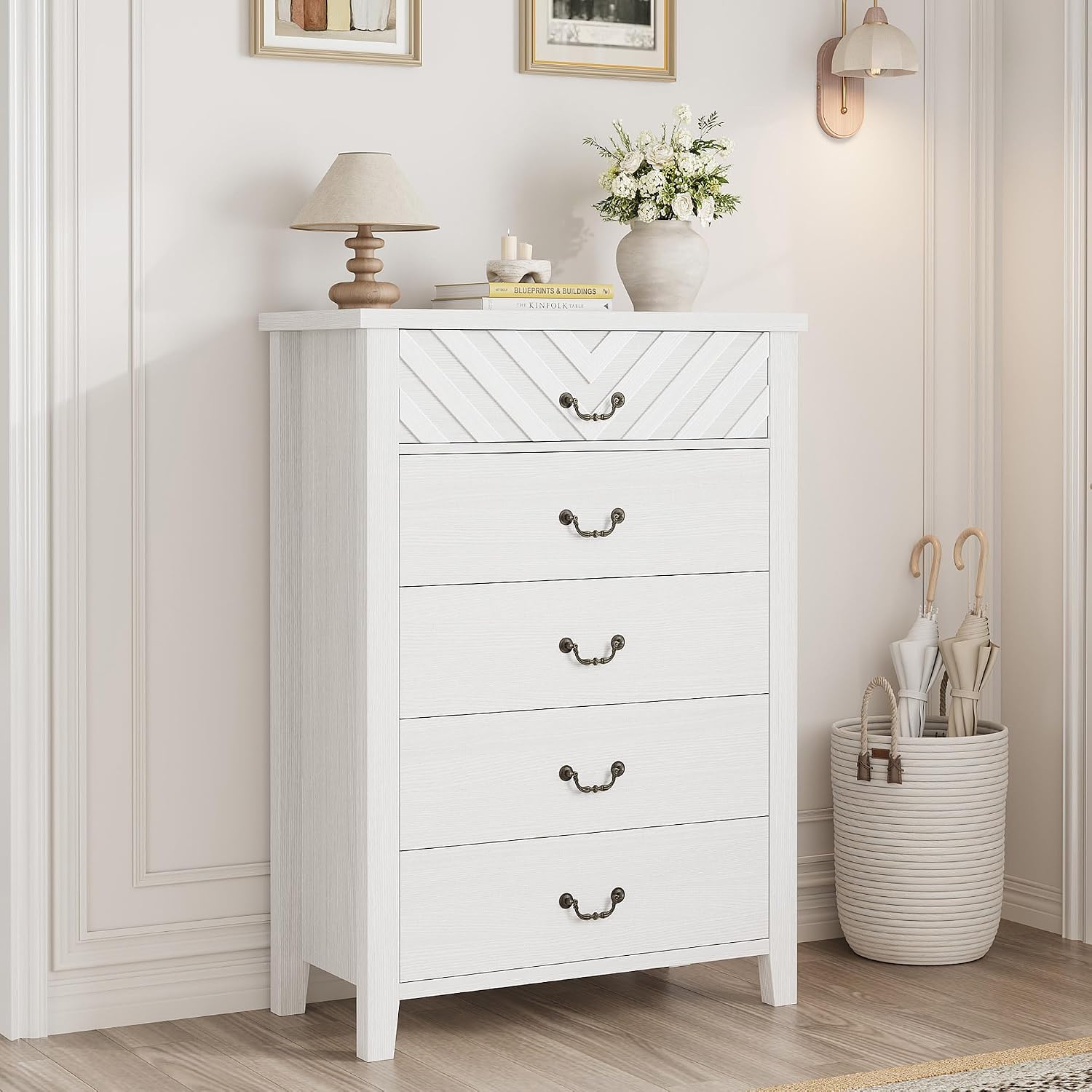 White V-Shape Front 5 Drawer Wooden Storage Dresser